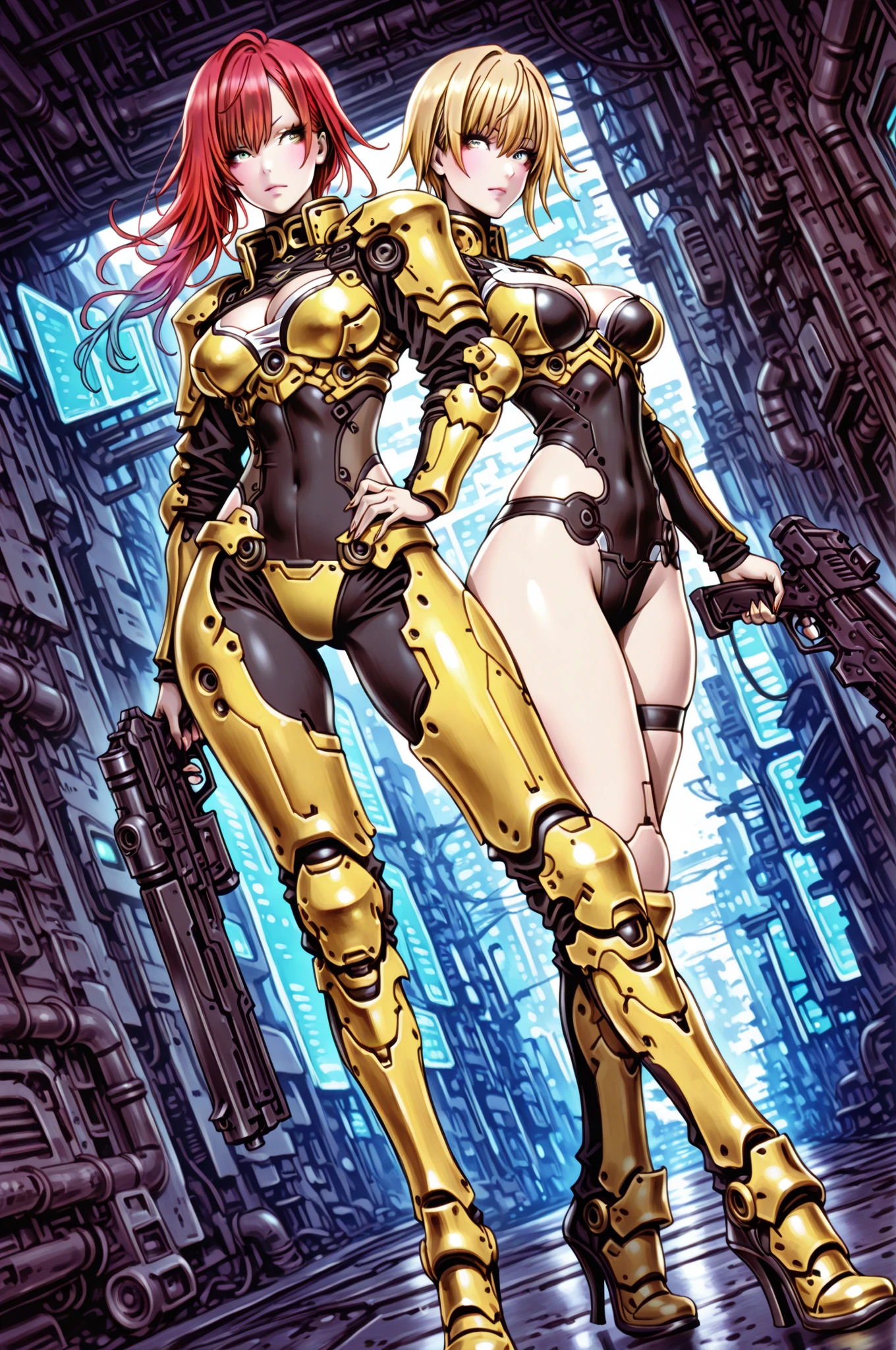 High definition (4k), Beautiful woman detailed defined body, red hair, wearing batman cosplay, ??????????????, high tech blue uniform, cyberpunk, futuristic, futuristic cyberpunk scenery, night sky with clouds, full moon,