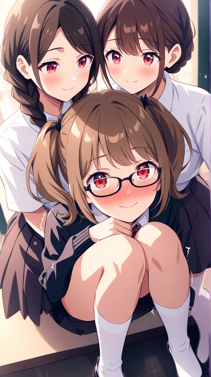 Super detailed, best quality, High resolution, moe-anime, ((((3 little girls with black hair and round glasses are hugging each other.)))), (baby face), Tareme:1.2, dark blue eyes, cute eyes, detailed eye description, Eye sparkle, Looking at viewer, pale skin, (((petite))), (((face only:1.3))), (??????????), (Big eyes:1.5), ????, focus on the face, ((bust shot)), Bright eyes, In the park where cherry blossoms dance, ((white see-through camisole tops)), ??????? are showing through, long hair, ?????????, from back