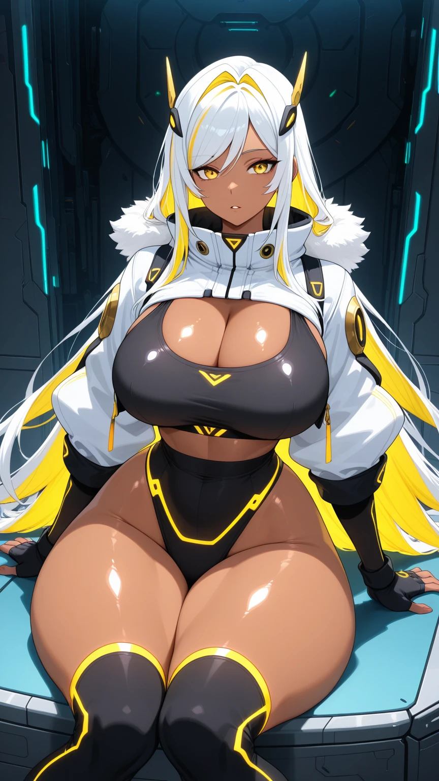 ((1 cyborg woman)),((huge breasts)),((curvy woman)),centred with  open in m shape,centred in a meeting room)),((bare breasts,naked pussy,pussy with lots of bubian hair, with a scientist's coat)),((hair with brown comqui with a white stripe, bright yellow eyes)),((with an assistant,)),((facing the viewer)),