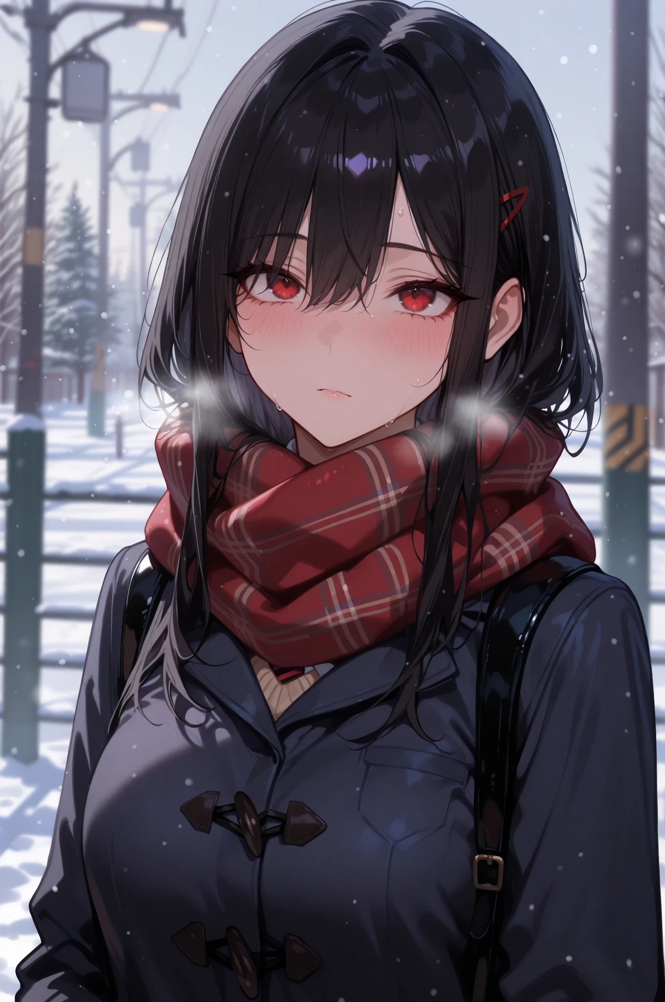 aihoshino, Ai Hoshino, Long Hair, bangs, (Purple eyes:1.1), Purple Hair, (Symbol-shaped pupil:1.5), smile,,smile,blush,white breath,
Open your mouth,snow,Ground bonfire, Outdoor, boots, snowing, From the side, wood, suitcase, Cape, Blurred, , forest, White handbag, nature,  Squat, Mouth closed, Cape, winter, Written boundary depth, Black shoes, red Cape break looking at viewer, Upper Body, whole body, break Outdoor, forest, nature, break (masterpiece:1.2), Highest quality, High resolution, unity 8k wallpaper, (shape:0.8), (Beautiful and beautiful eyes:1.6), Highly detailed face, Perfect lighting, Extremely detailed CG, (Perfect hands, Perfect ),