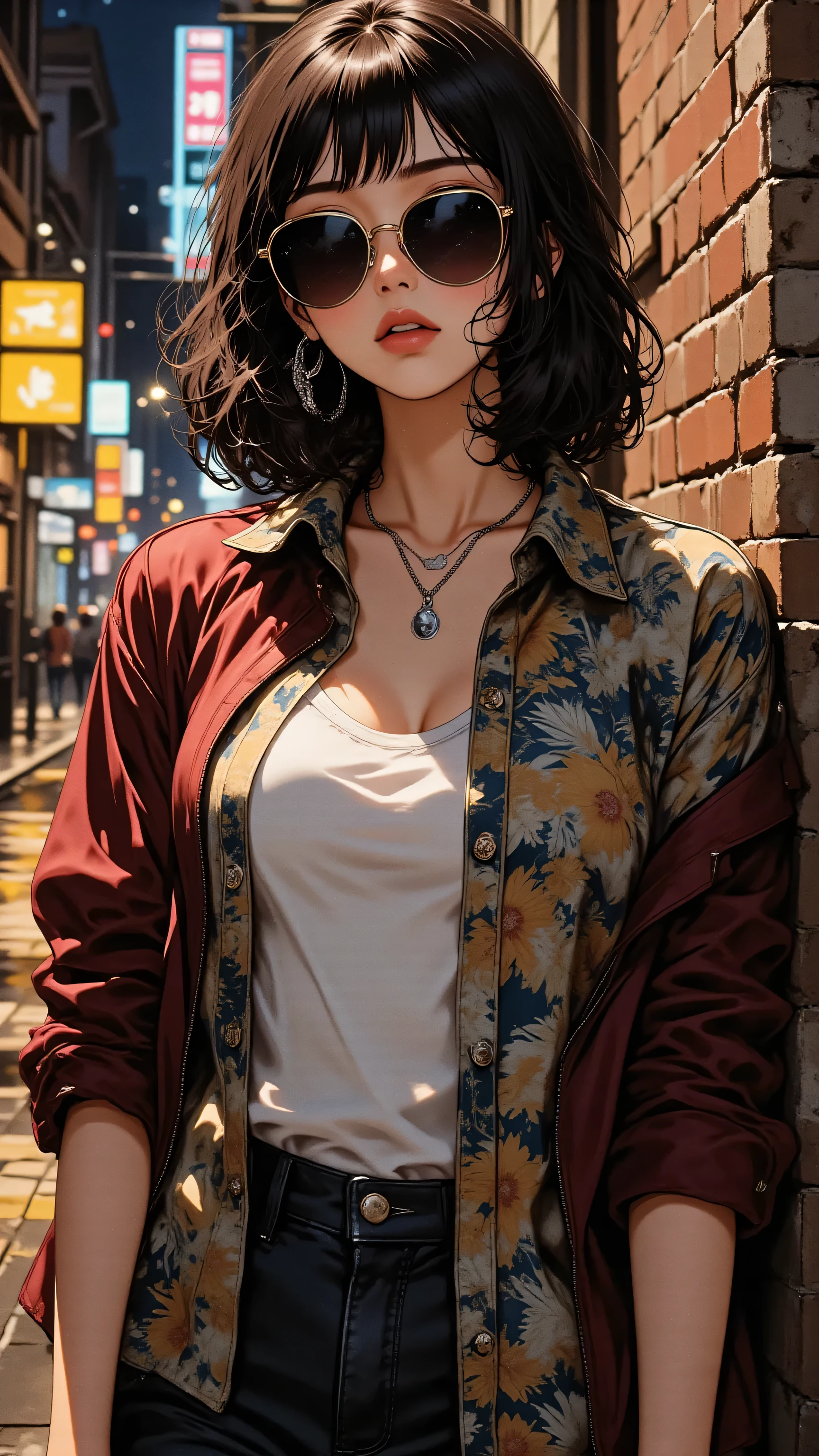 Bust-up shot, professional fashion model pose, confident and relaxed.
Direct, calm, self-assured, enigmatic gaze through sunglasses.
Right hand loosely holding a cigarette or just casually resting.
Perfectly still hair and pendant.
Masterpiece, best quality, flawless matte skin.

Tall, beautiful 20-year-old woman.
Youthful Japanese anime face: soft rounded features, close-set eyes, narrow nose bridge.
She wears large, bold gold-rimmed sunglasses, obscuring her jade eyes.
Sleek, waist-length jet-black hair with blunt bangs.
Slender, graceful figure with subtle muscle definition.
Wearing an open, slightly oversized, dark red leather jacket over a faded, retro-patterned button-up shirt (like an aloha shirt, but muted tones). A plain white t-shirt visible underneath. Dark, straight-leg jeans are hinted at.
A prominent silver chain necklace or dog tag on , instead of a locket pendant.

Gritty, dimly lit urban street or back alley at night, with subtle neon signs in the distant background. Wet pavement reflecting city lights.
Bathed in a cool, ambient, muted glow.
A vibrant, focused,  yellow or orange street lamp light illuminates her from one side, creating striking highlights.
A gentle, cool grey fill light from the other side lifts deep shadows.
Background: softly blurred old brick wall or concrete texture with graffiti.
Shallow depth of field on subject.

Aesthetic: retro anime, high fashion photography, stylized street portrait, editorial quality, clean, polished, gritty urban chic, neo-noir.
Lighting: professional, dramatic, artful, moody and street-lit.
Mood: Cool, rebellious, understated power, effortlessly chic, with a hint of danger and existentialism.
Technicals: shallow depth of field, subtle film grain.