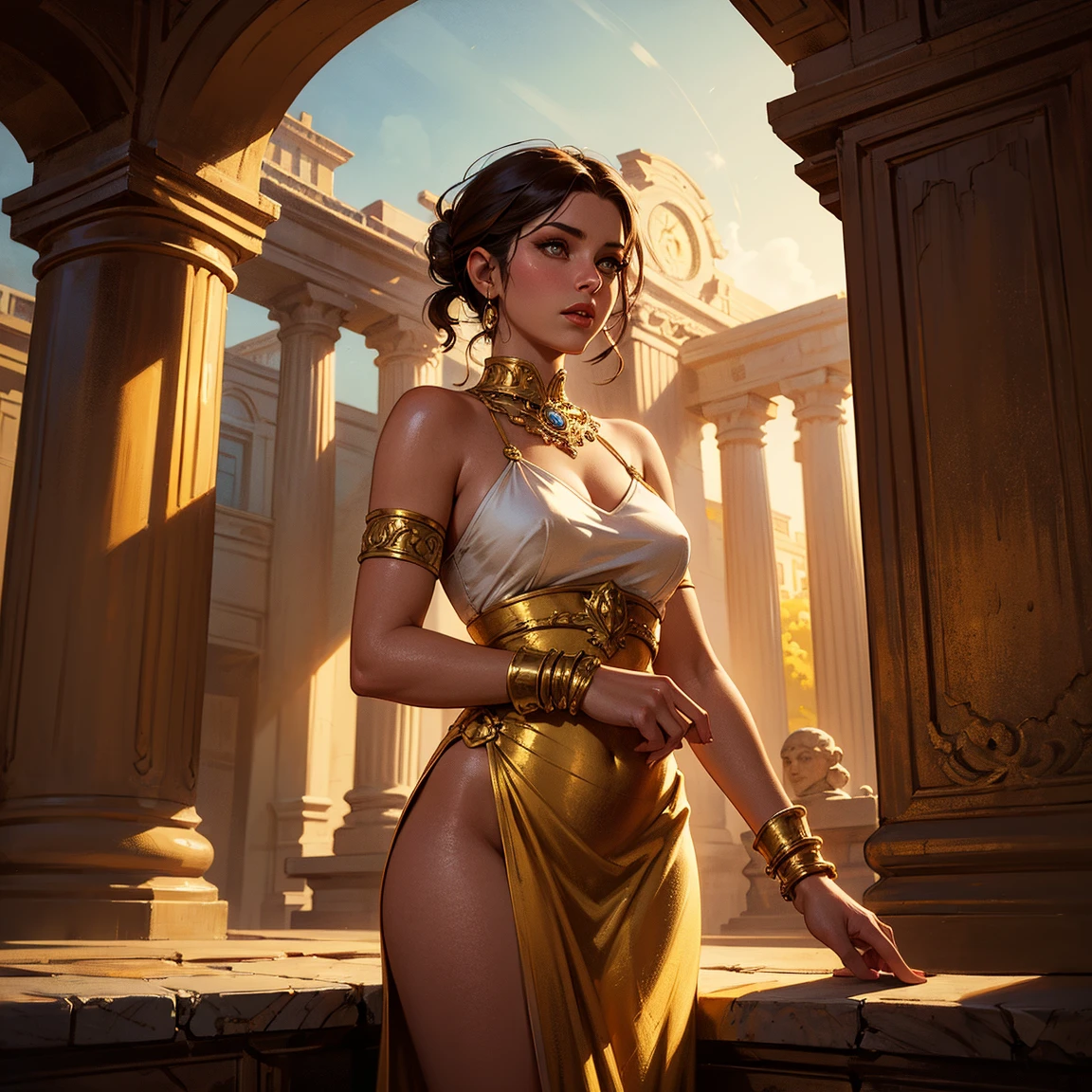 (masterpiece:1.4), (various angle:1.4), (best quality, highres:1.9), (Natalie Imbruglia:1.4), (squatting), (ancient greek goddess veil with toga clothe:1.3), (?????:1.45), (Hands behind back:1.5), (magical night:1.3), (bitchy and naughty:1.4), (large lips done over:1.45) (eyes half-closed:1.15), ((big redone ???????:1.5)), (photorealistic:1.4), (intricate and beautiful:1.2), (detailed light), (highres textures), dynamic various pose, soft light passing through hair, (sharp), exposure blend, (bokeh), (hdr:1.4), (cinematic:1.2), (10 years old girl), (younger), beautiful face, (Hanging Gardens of Babylon scenery background:1.35)