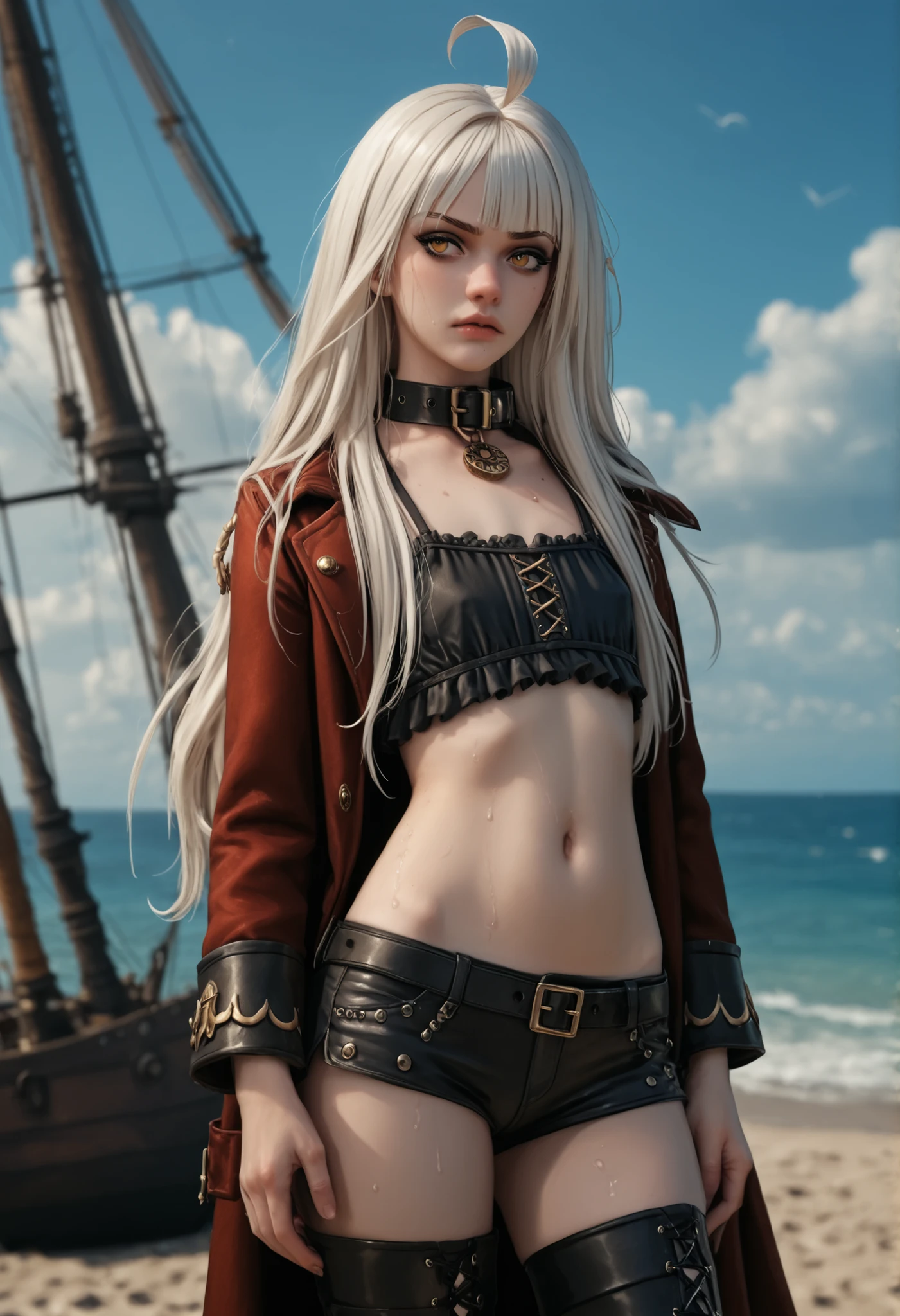 woman on pirate ship, masterpiece, detailed_eyes, high_quality, best_quality, highres, absurdres, 8k, score_9, score_8_up, 1girl, handsome lady, tall, adult, (white hair, straight hair, bangs, even fringe, hair intakes), pale skin, full lips, dark brown eyeshadow, dark eyeliner, mascara, paltry chest, flat chest, long body, annoyed, extremely long hair, gold inner hair, ((straight nose, nose ridge)), ((extremely long ahoge, massive cowlick)), almond-shaped eyes, (amber eyes, dark gold eyes), detailed scenario, collar, dynamic lighting, tall black greaves, thigh vents, thigh highs, sweating, wet skin, black babydoll armor negligee, tiny black boyshorts, ornate red coat, gold lining, ocean with a view, beach fortress, high fantasy, PersonalAmi style