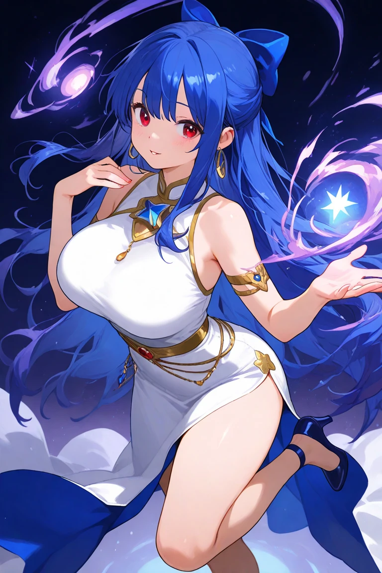 (melhor qualidade, obra-prima), 1Meninas, (corpo BBW), (celestial armor), (cosmic girl), (glowing hair), (space), corada, rechonchuda, Fofa, emphasis on the thighs, Pose sexy, seios grandes,