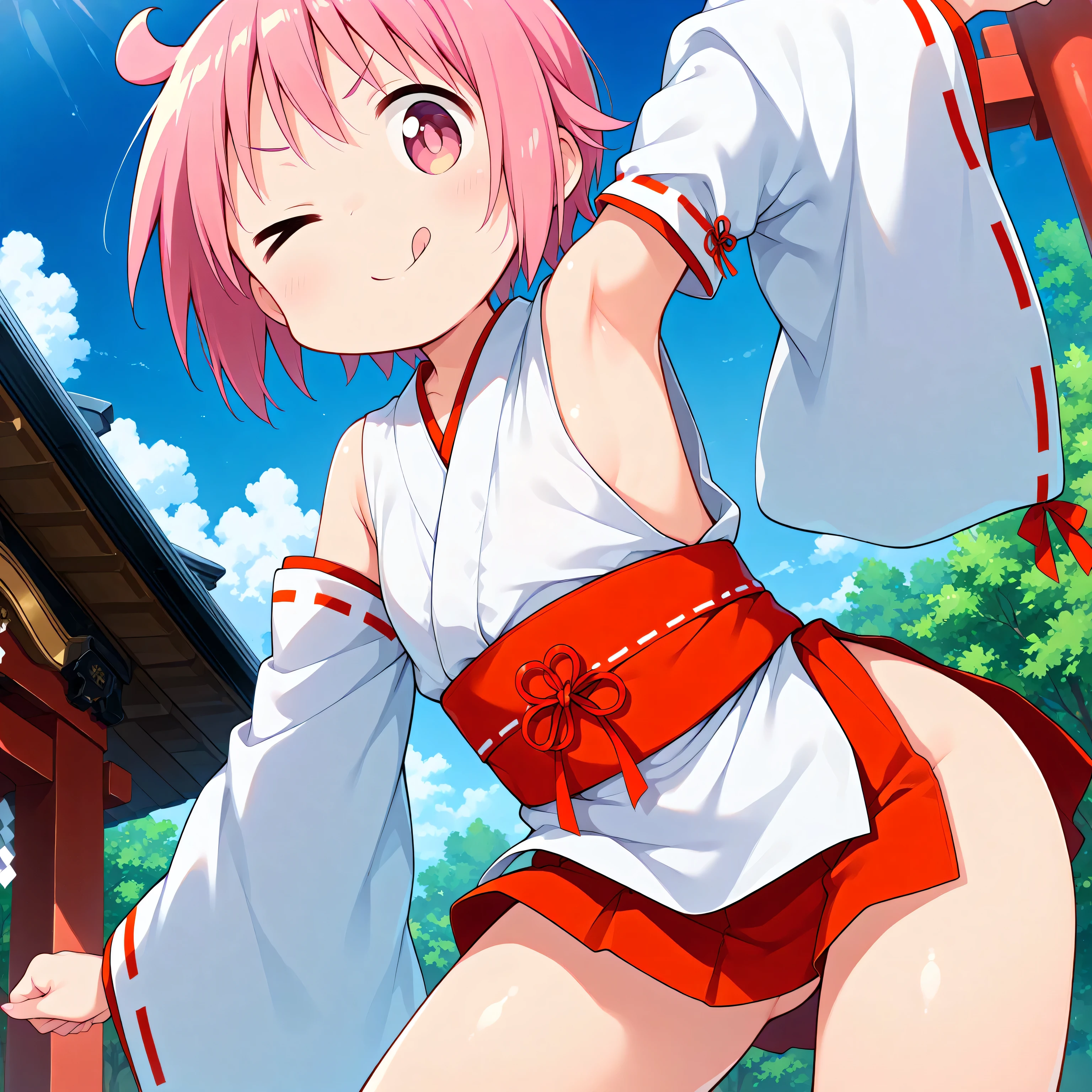 ,nonohara yuzuko, pink hair, short hair,ahoge, pink eyes,bangs,((anime style)),score_9, score_8_up, score_7_up, source_anime,solo,1girl, ((miko)),(((((mini slit red skirt))))),ass visible through thighs,((Obi)) ,((Obi knot)), (flat chest) , ((side boob)) , (No panties) , ((exposed shoulders)) ,((detached white sleeves)),(ribbon-trimmed sleeves),happy,((Shrine grounds)),((blue sky)),v-shaped eyebrows,looking at viewers,(((glimpse of her thighs))),(standing),((leaning forward)),,((> <)),((wink)),(low angle), ((contrapposto)),(presenting armpit), (((;q))),((> <)),((wink)),(v-shaped eyebrows),raised arm,v over eye,((dramatic angle)),