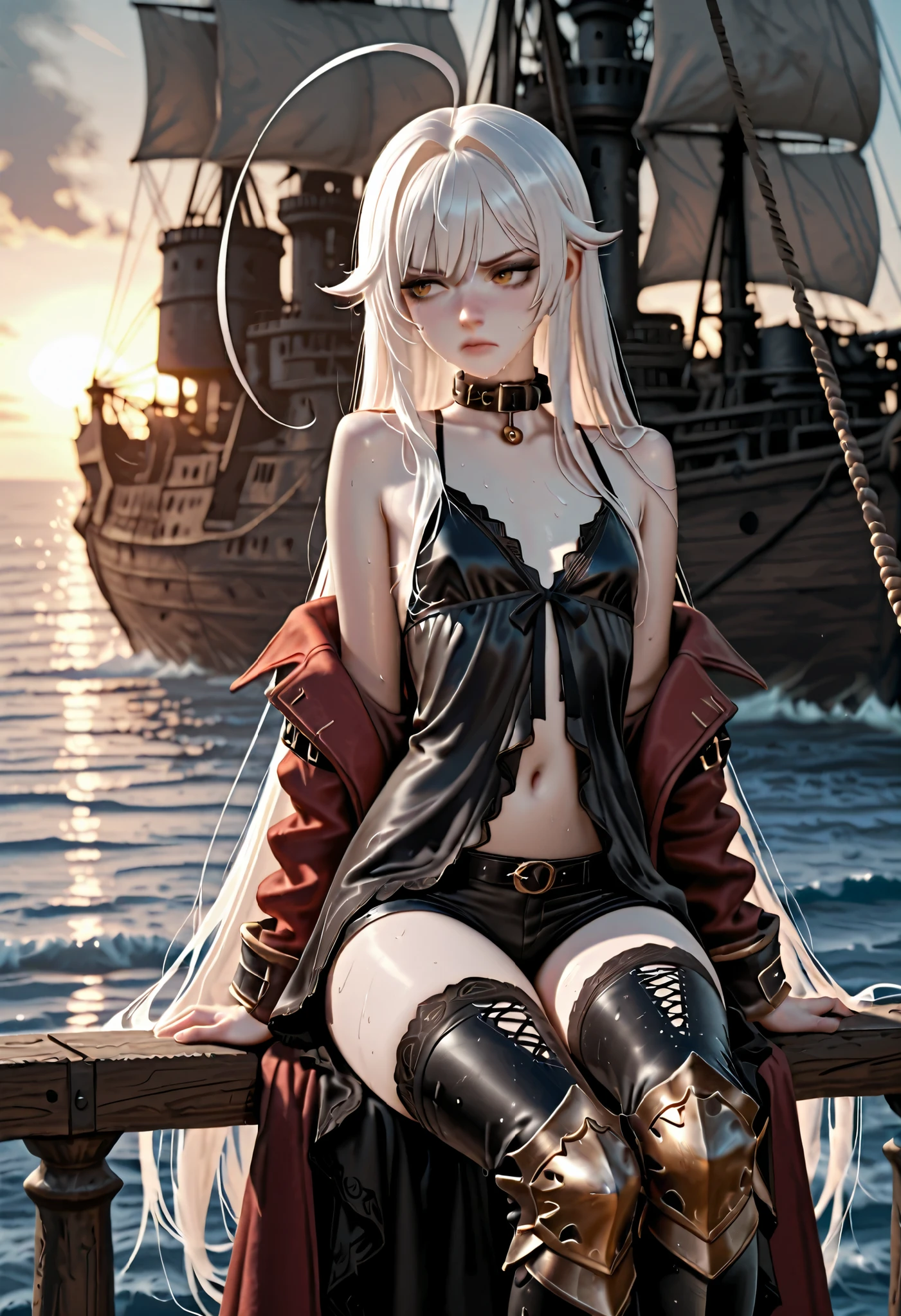 woman sitting on pirate ship, railing, holding rope, strong winds, masterpiece, detailed_eyes, high_quality, best_quality, highres, absurdres, 8k, score_9, score_8_up, 1girl, handsome lady, tall, adult, (white hair, straight hair, bangs, even fringe, hair intakes), pale skin, full lips, dark brown eyeshadow, dark eyeliner, mascara, paltry chest, flat chest, long body, annoyed, extremely long hair, gold inner hair, ((straight nose, nose ridge)), ((extremely long ahoge, massive cowlick)), almond-shaped eyes, (amber eyes, dark gold eyes), detailed scenario, collar, dynamic lighting, tall black greaves, thigh vents, thigh highs, sweating, wet skin, black babydoll armor negligee, tiny black boyshorts, ornate red coat, gold lining, ocean with a view, fortress on a cliffside, high fantasy, PersonalAmi style