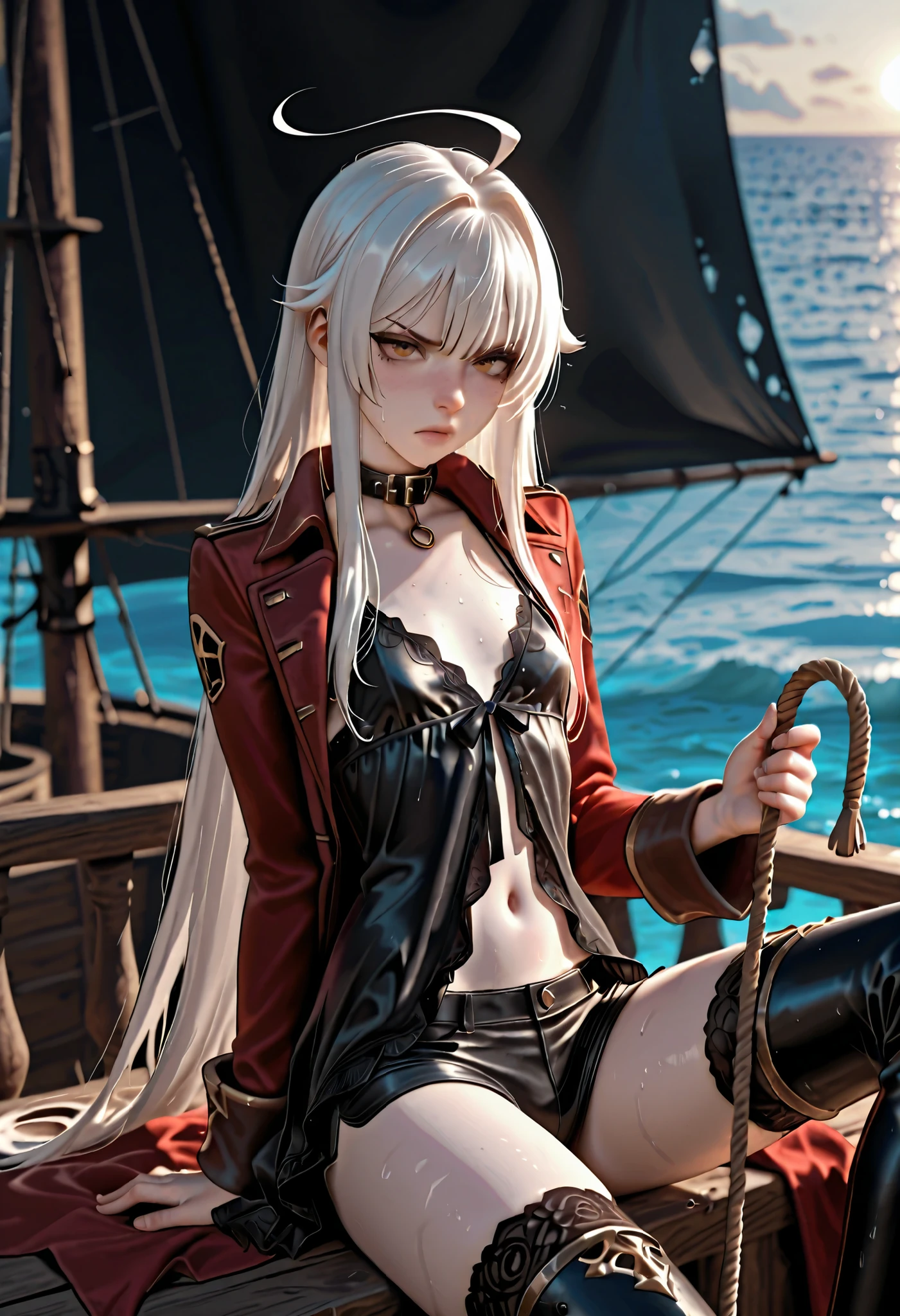 woman sitting on pirate ship, railing, holding rope, strong winds, masterpiece, detailed_eyes, high_quality, best_quality, highres, absurdres, 8k, score_9, score_8_up, 1girl, handsome lady, tall, adult, (white hair, straight hair, bangs, even fringe, hair intakes), pale skin, full lips, dark brown eyeshadow, dark eyeliner, mascara, paltry chest, flat chest, long body, annoyed, extremely long hair, gold inner hair, ((straight nose, nose ridge)), ((extremely long ahoge, massive cowlick)), almond-shaped eyes, (amber eyes, dark gold eyes), detailed scenario, collar, dynamic lighting, tall black greaves, thigh vents, thigh highs, sweating, wet skin, black babydoll armor negligee, tiny black boyshorts, ornate red coat, gold lining, ocean, high fantasy, PersonalAmi style