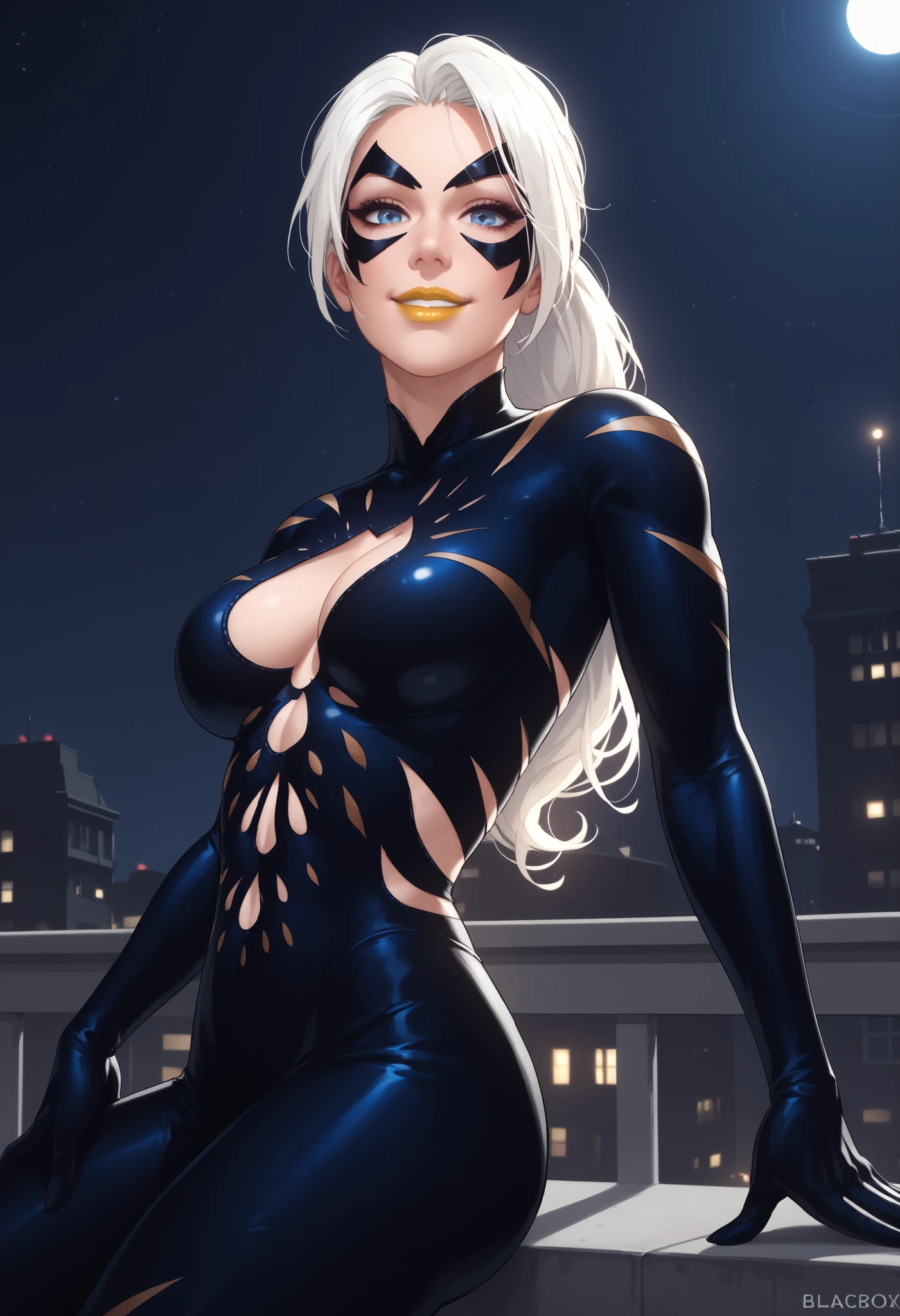 woman, big breasts, anime style, yellow lipstick, white skin, white hair, looking at the viewer, on top of the roof, focus on the character, night, incredible lighting, dark environment, side view, open arms, blue eyes, symbiote, mask, black Symbiote, Symbiote costume, long hair, sensual smile, sexy, Web of Shadows Blackcat Suit, Black Cat, Black Cat Symbiote 