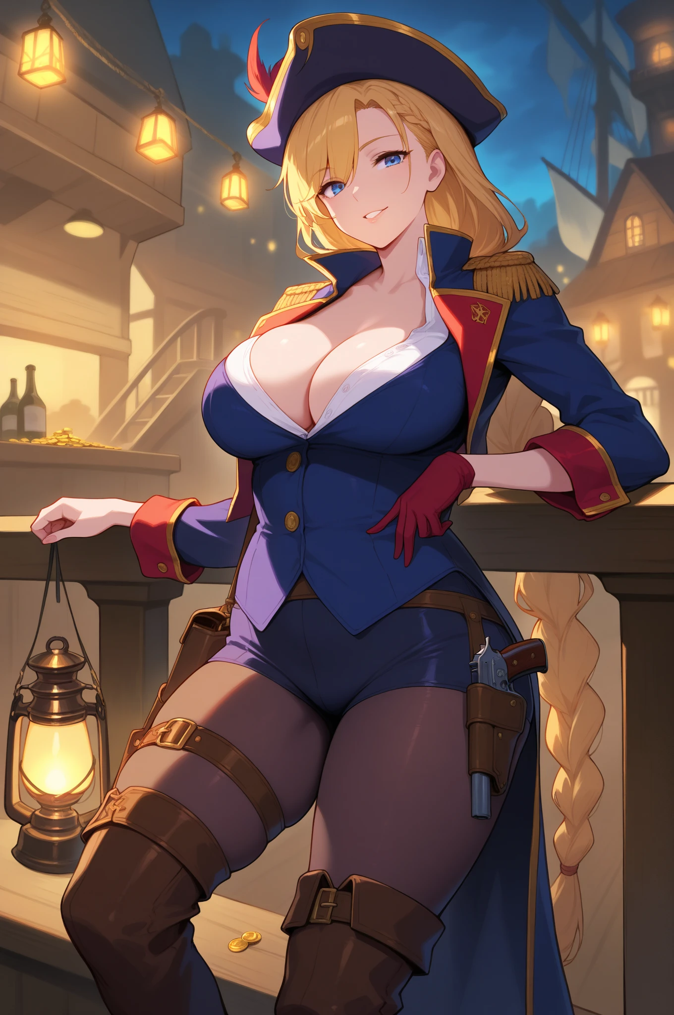 score_9, score_8_up, score_7_up,  source_anime,  BREAK,  ,  <lora:RubyMVC2:0.9>,   RubyMVC2, long hair, blonde hair, pirate hat, eyepatch, coat, cleavage, frilled shirt collar, wrist cuffs, puffy pants,  breasts,  sitting, face rest, throne, wooden wall, treasure chest, treasure, 1 girl, crossed, legs, cloes-up,