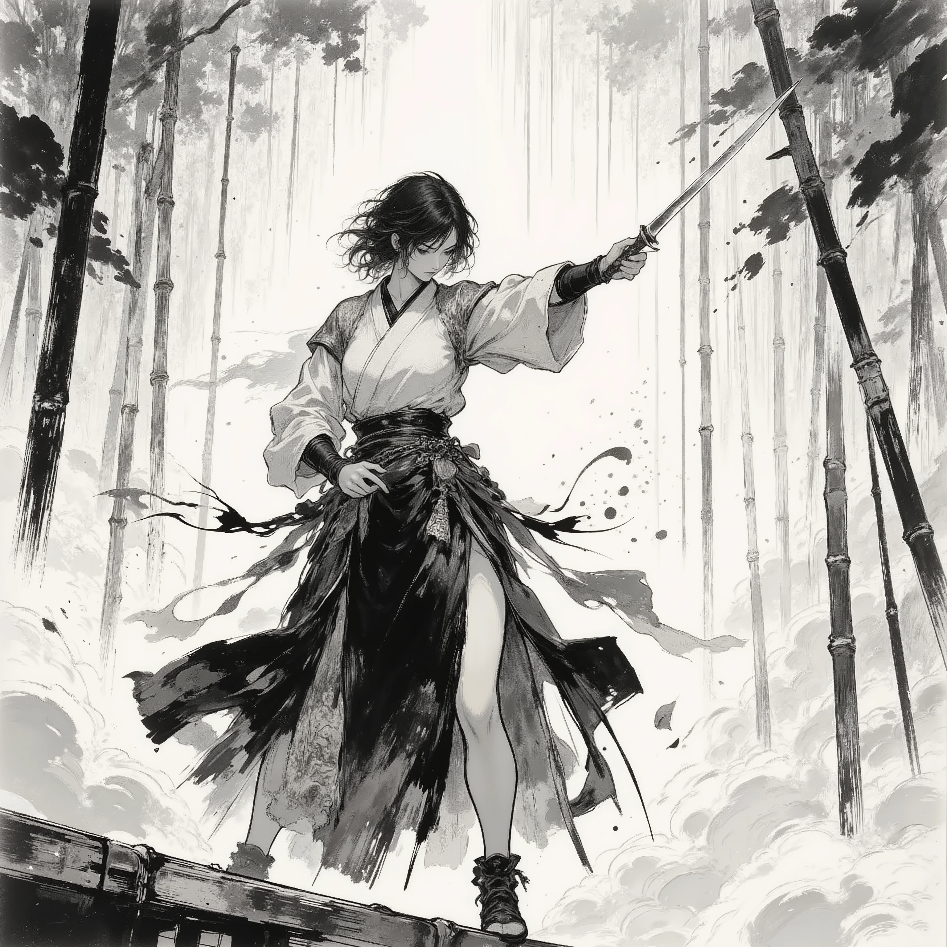 (masterpiece), (best quality), sumi-e style with watercolor bleeding,
female samurai mid-swing in a rainy bamboo forest,
wet kimono clinging to her body, droplets flying from blade,
mist swirling around her feet, rain streaks as ink lines,
and melancholic, elegant ferocity,
motion emphasized by brushstrokes and dynamic composition,
soft monochrome with hints of vermilion and indigo.