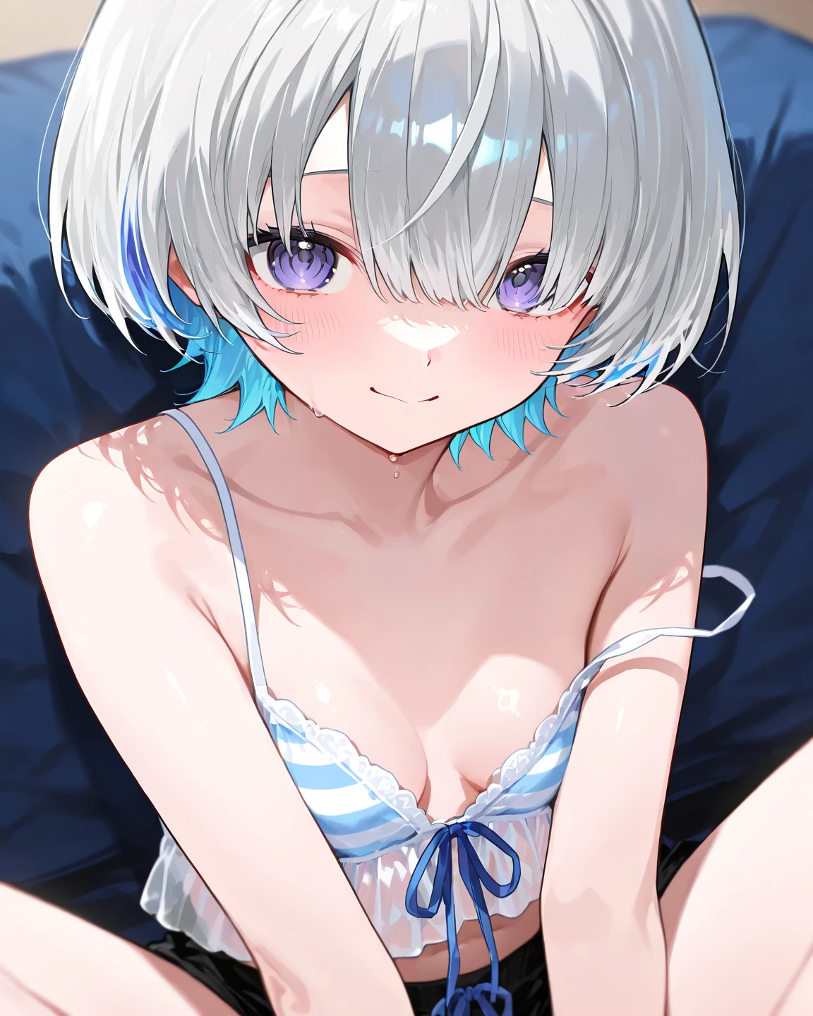 {{{10 years old}}}, fang, 1girl, silver hair, asymmetrical bangs, short hair, blue eyes,  {{{flat chest}}}, wearing underboob white camisole, no bra, {{{clothes lift}}}, all fours, crawling on through transparent glass, (bare nipples), bra aside, panties aside, {{{vulgarity}}}, skyporn, Nipple Tweaking,  puffy nipples, nipples through, (spoken heart), ((best quality)),