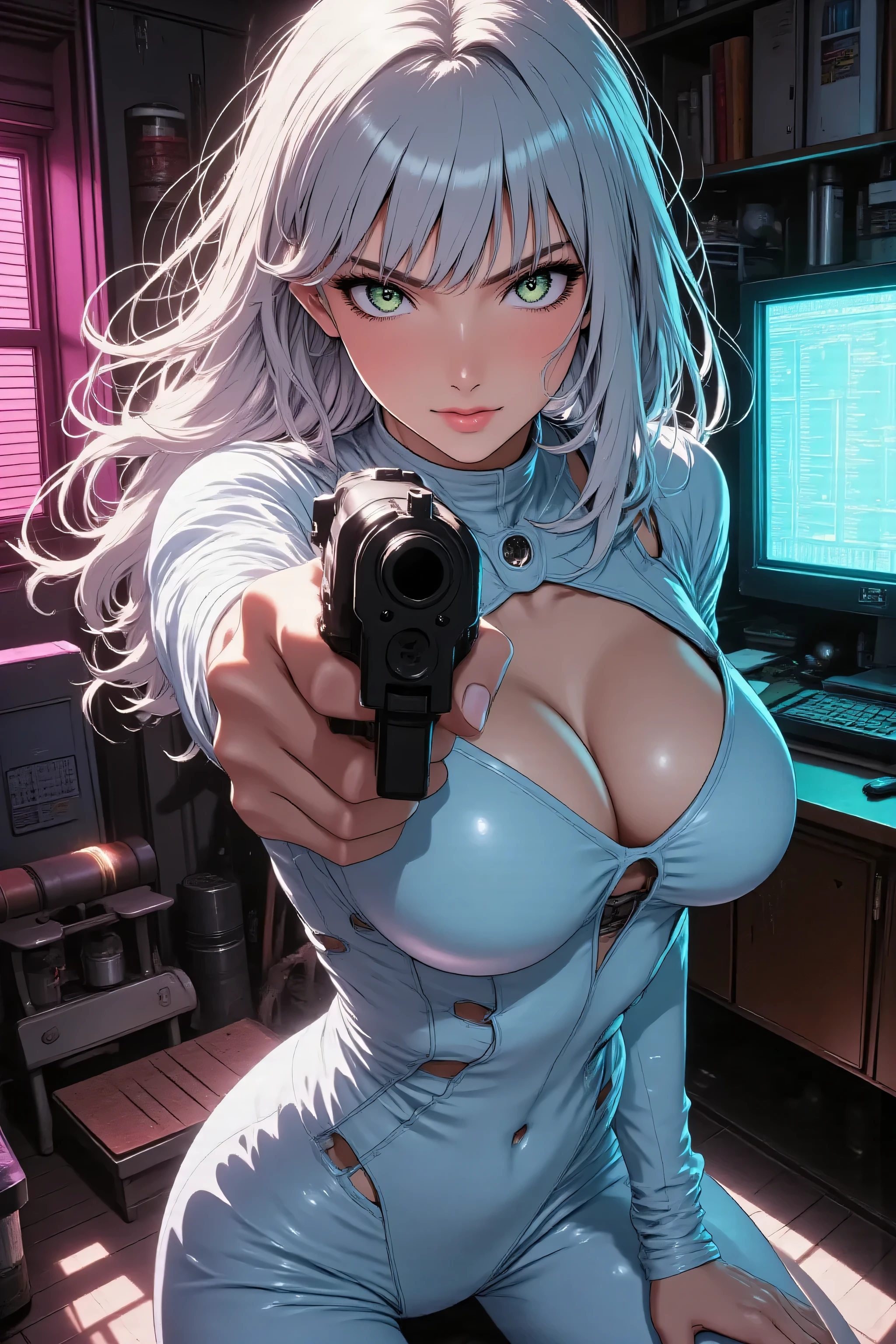 masterpiece, best quality, 2D anime style, anime artwork,
Bust-up shot, pointing gun at viewer.
Dynamic motion: twisting her torso sharply over her right shoulder, right arm snapping up to aim a sleek beretta at the viewer.
Left hand is relaxed at her side.
Hair flows with the motion.
Her gaze locks on the viewer with cold precision and a bold, fearless smirk.
Flawless matte skin, realistic texture, soft reflections.
A tall, beautiful, and charismatic 25-year-old woman.
Her youthful Japanese anime face has soft rounded features and flat green anime-style eyes.
Sleek, long waist-length hair of pure white snow with blunt bangs flows dynamically with her motion.
Wearing a sleek, skin-tight, pale blue made of high-gloss, reflective material, with stylish geometric openings at the and navel.
Dimly lit cyberpunk apartment with messy wires and old tech.
Lit by a large holographic monitor casting vibrant cyan light on her face.
Subtle outside neon signs filter through window blinds, creating soft magenta stripes of light and shadow.
ghostintheshellstyle, Retro anime aesthetic, outrun-inspired color palette (cyan, magenta), lyh cinematic texture.
High contrast cinematic lighting, dramatic shadows, strong rim light, backlighting, depth of field.
Mood: Utterly confident and in control, with a fearless, challenging aura; the smirk of someone who has already won.
Cyberpunk noir aesthetic.