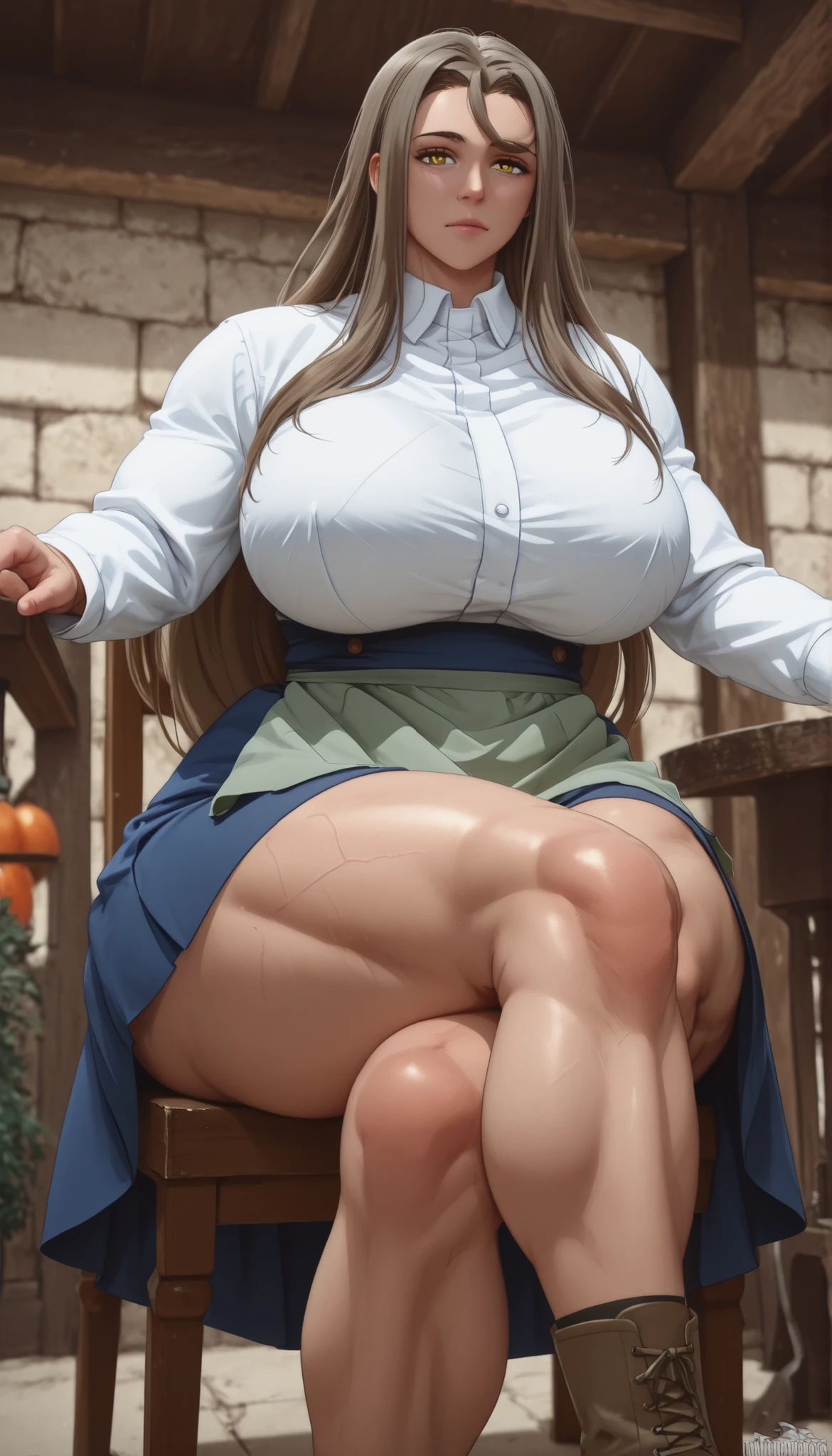 1woman, solo, mature, fara_mne,brown hair, long hair, hair between eyes, sidelocks, yellow eyes,white shirt, collared shirt, long sleeves, blue skirt, medium loose skirt, green apron, brown footwear, huge breasts, thick muscular thighs, wide curvy hips, voluptuous body, Curvy body, thicc woman, sitting on chair, legs crossed , front view, looking at viewer, exposed thighs, from below, dynamic angle