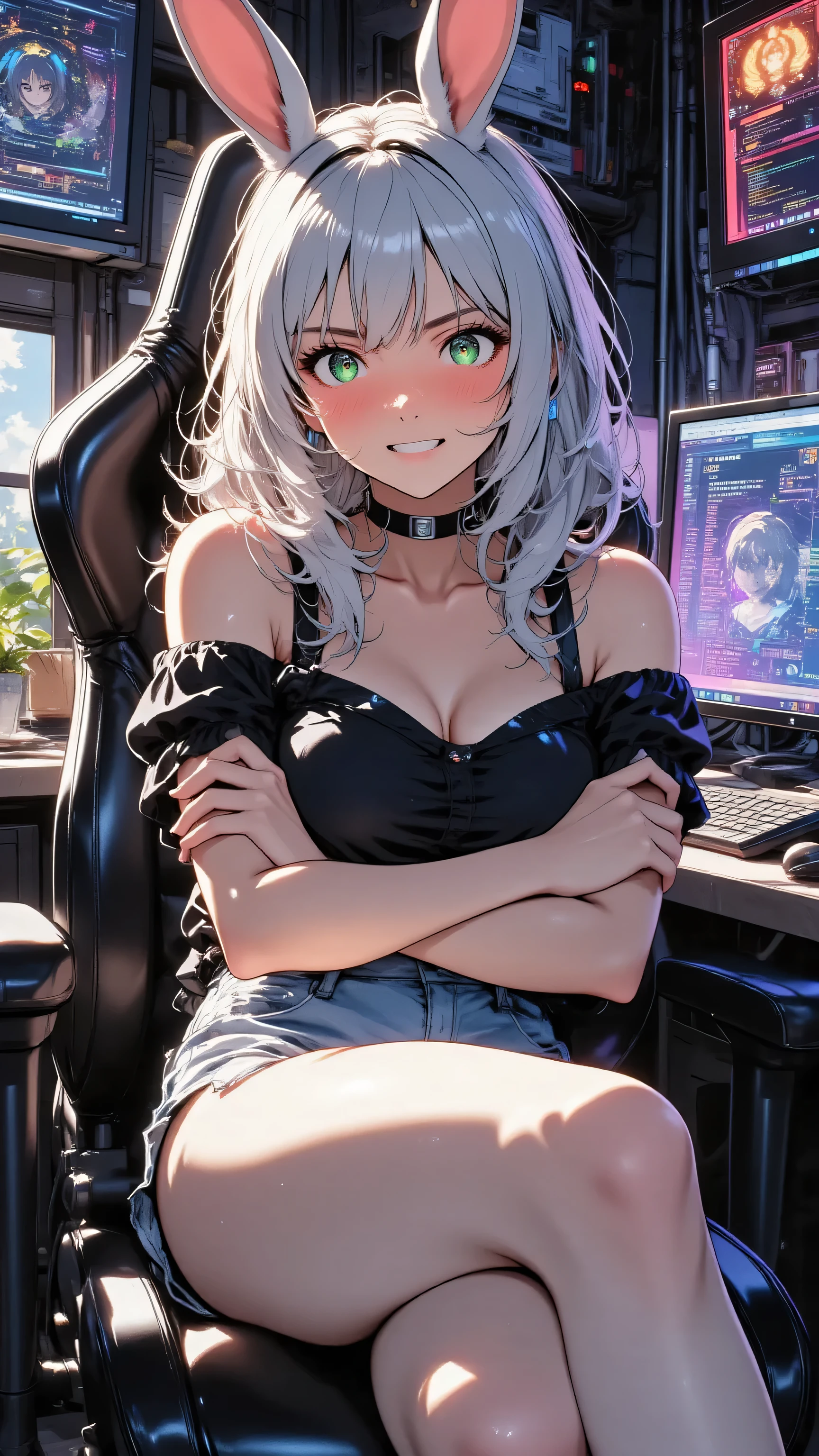 masterpiece, best quality, 2D anime style, anime artwork,
Full body shot, dynamic pose, angled pose, three-quarter view, with ample space, no cropping.
Leaning back slightly in her high-tech gaming chair, arms crossed over her , her body turned slightly towards the viewer. Her expression is thoughtful and flustered, with a deep blush, a shy smile, and eyes sparkling with amusement as she gazes thoughtfully into the distance.

A tall, beautiful, and charismatic 25-year-old woman, a master hacker with a deceptively sweet demeanor.
Her youthful Japanese anime face has soft rounded features and flat green anime-style eyes.
Sleek, long waist-length hair of pure white snow with blunt bangs falls elegantly around her shoulders.
Wearing a stylish black off-the-shoulder top and pale blue shorts. A high-tech headset with glowing  ears rests on her head, indicating her secret identity.
Her long, slender legs wear prominent white fishnet stockings, clearly visible.

The interior of a cluttered but stylish hacker's den.
The dark, moody background is illuminated by the vivid neon glow of multiple holographic monitors, displaying cascading code, data streams, and complex interfaces.
Snaking cables and glowing server racks fill the space; the polished dark floor reflects the vibrant light from the screens.

Aesthetic: retro anime, high fashion, stylized portrait, clean, polished, cyberpunk-influenced, digital elegance.
Color Palette: Dark tones punctuated by the vibrant, outrun-inspired neon colors from the holographic screens.
Lighting: Cinematic, dramatic, artful; the multiple screens cast complex, colorful highlights and deep shadows on her face and body.
Mood: Pensive and flustered, yet secretly pleased and amused by an unexpected revelation. A charming moment of contemplation mixed with shy satisfaction.
Technical: shallow depth of field (focusing on the character's face), subtle film grain.