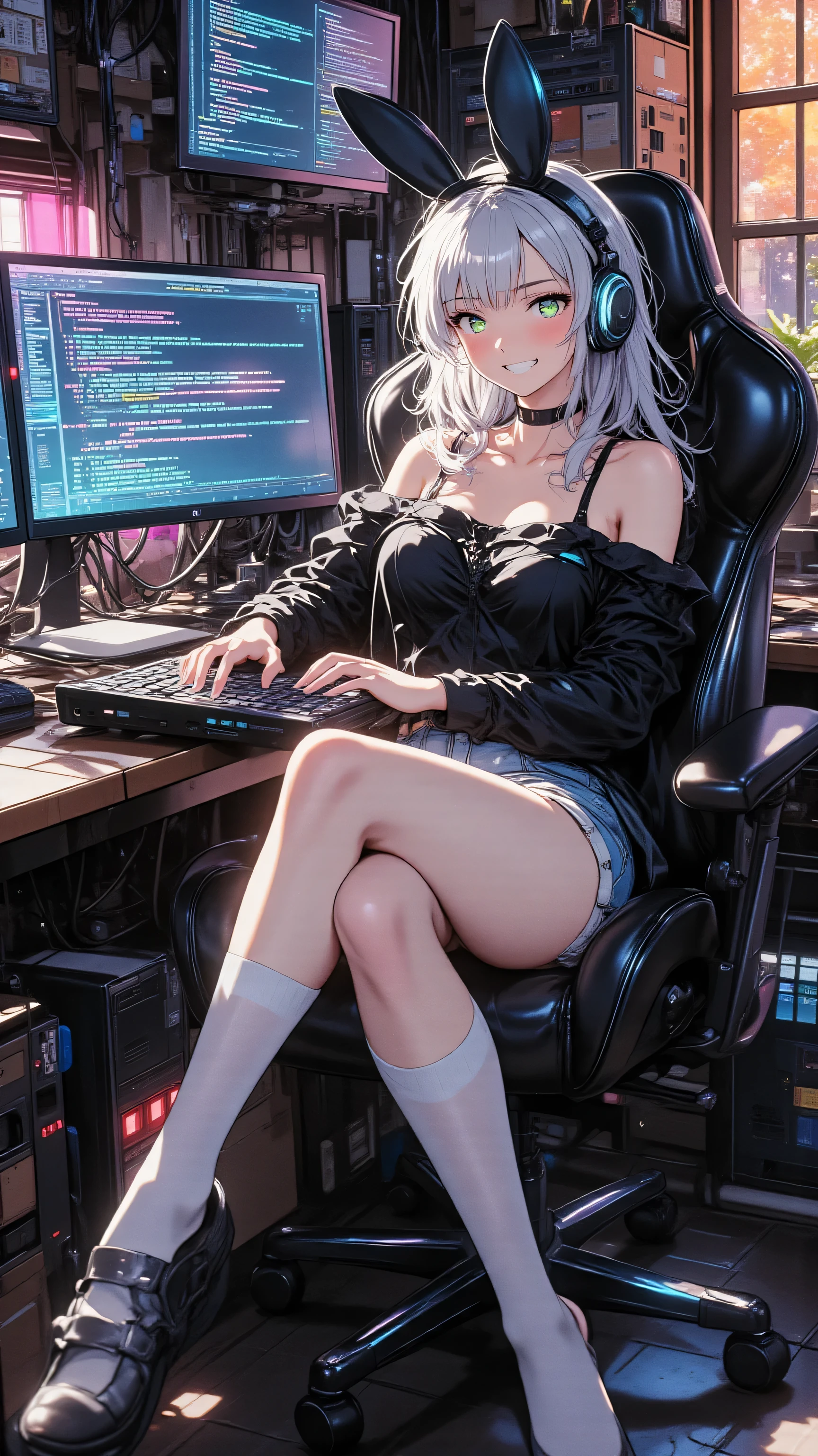 masterpiece, best quality, 2D anime style, anime artwork,
Full body shot, dynamic pose, angled pose, three-quarter view, with ample space, no cropping.
She is sitting comfortably in a high-tech gaming chair, legs gracefully crossed, her body turned slightly towards the viewer.
One hand is typing rapidly on a floating, holographic keyboard, while the other rests casually on her thigh.
A tall, beautiful, and charismatic 25-year-old woman, a master hacker with a deceptively sweet demeanor.
Her youthful Japanese anime face has soft rounded features and flat green anime-style eyes.
She looks towards the viewer with a knowing, mischievous smile, her eyes sparkling with intelligence and a playful challenge.
Sleek, long waist-length hair of pure white snow with blunt bangs falls elegantly around her shoulders.
Wearing a stylish black off-the-shoulder top and pale blue shorts. A high-tech headset with glowing ears rests on her head, indicating her secret identity.
Her long, slender legs are adorned with white fishnet stockings.
The interior of a cluttered but stylish hacker's den.
The dark, moody background is illuminated by the vivid neon glow of multiple holographic monitors, displaying cascading code, data streams, and complex interfaces.
Snaking cables and glowing server racks fill the space; the polished dark floor reflects the vibrant light from the screens.
Aesthetic: retro anime, high fashion, stylized portrait, clean, polished, cyberpunk-influenced, digital elegance.
Color Palette: Dark tones punctuated by the vibrant, outrun-inspired neon colors (cyan, pink, orange) from the holographic screens.
Lighting: Cinematic, dramatic, artful; the multiple screens cast complex, colorful highlights and deep shadows on her face and body.
Mood: Focused, intelligent, alluring, and playfully mischievous, capturing the confidence of a master hacker in her element.
Technicals: shallow depth of field (focusing on the character and keyboard), subtle film grain.