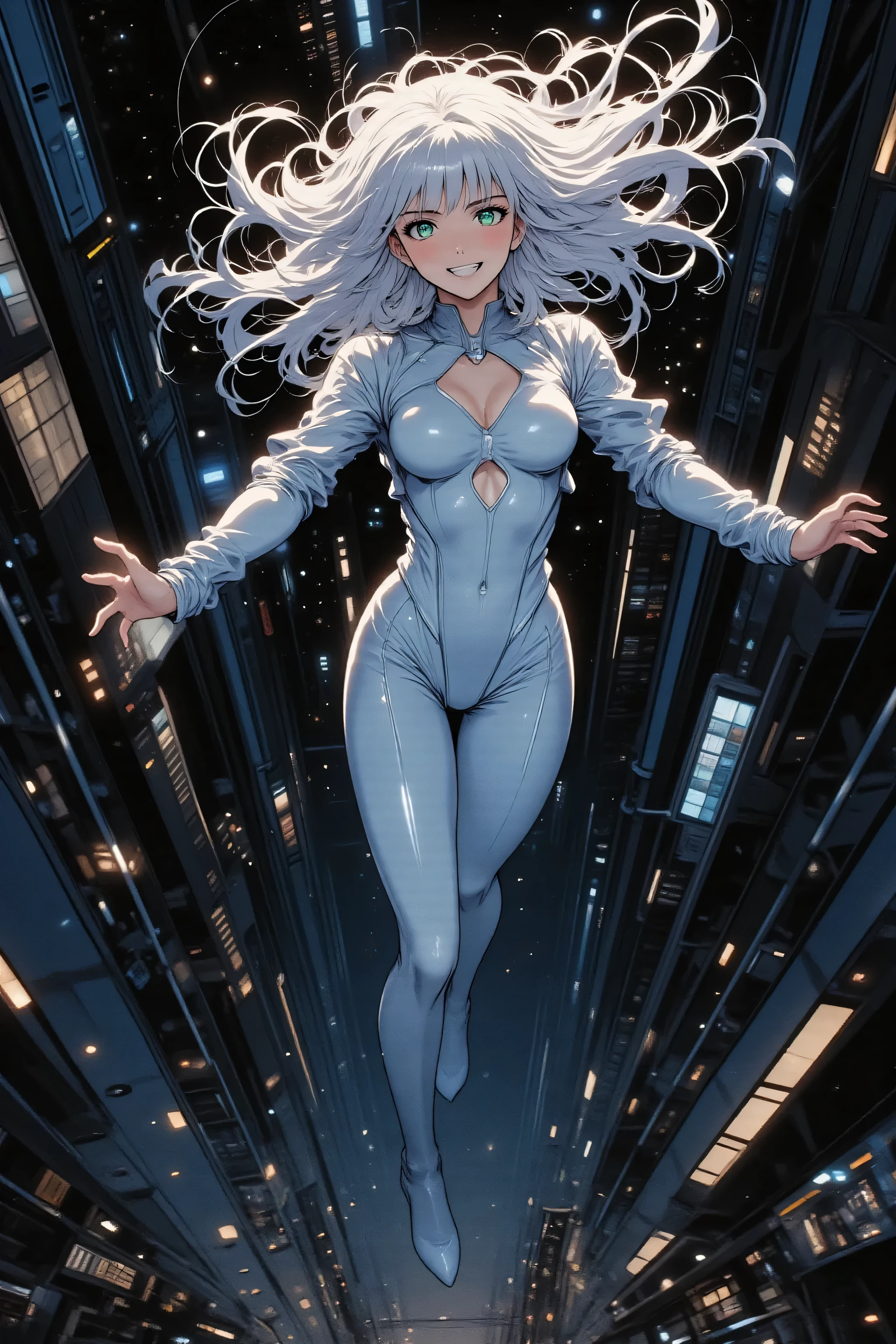 Full body shot, dynamic action pose, angled pose, three-quarter view, with ample space, no cropping.
She is captured mid-air, falling gracefully through the sky with both arms spread wide, as if soaring or descending with purpose.
Her body is subtly arched, conveying a sense of freedom and control in her descent.
A tall, beautiful, and charismatic 25-year-old woman, a formidable secret agent.
Her youthful Japanese anime face has soft rounded features and flat green anime-style eyes.
Her expression is a calm, confident, and knowing smile, her eyes sparkling with cool determination and subtle satisfaction.
Sleek, long waist-length hair of pure white snow with blunt bangs streams dynamically upwards or sideways, whipped by the wind of her fall.
Wearing a sleek, skin-tight, pale blue made of high-gloss, reflective material. The suit has stylish geometric openings at the and navel.
The background is a predominantly dark, deep night sky, with only a very subtly blurred, distant night city skyline below, showing faint glimmers of light.
The dark, ambient sky suggests a high altitude, with minimal cloud or atmospheric haze, emphasizing the vast emptiness.
Below her, the blurred urban sprawl is barely visible, a sparse mosaic of dim lights.
Aesthetic: retro anime, gritty cyberpunk, stylized portrait, epic action, cinematic grandeur.
Color Palette: Dominant deep blacks and dark blues of the night sky, with very sparse, muted neon accents from the distant city lights.
Lighting: Dramatic, strong rim lighting from a highly obscured light source far below, highlighting her silhouette and form against the deep dark. Minimal ambient glow.
Mood: Cool, confident, powerful, and utterly in control, capturing a serene yet thrilling descent.
Technicals: shallow depth of field (focusing on the character), subtle motion blur on the background, atmospheric perspective, faint bokeh effects from distant city lights.