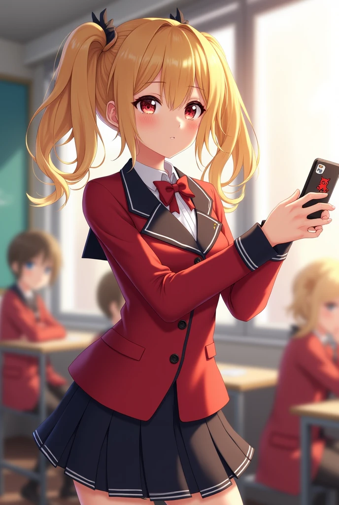 The anime-style female ghost character，wearing a red and black uniform，Double ponytail in gold，Standing by the classroom window，The sunlight outlines her，has a phone decorated with a little devil in her hands，The expression is both arrogant and ，and the other students in the classroom blur the background，The overall picture is bright and clear，a lot of color saturation，detailed illustration style