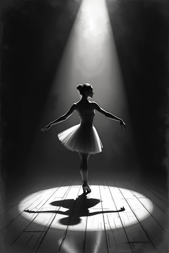 A ballet dancer practices alone in an empty theater under a single spotlight. Her shadow floats in the air while dancing on the wooden floor. The composition emphasizes elegance, disciplined, and solitude. in an expressive semi-realistic sketch style, combines digital charcoal with soft light. Atmospheric lighting, high emotional depth, Ultra detailed texture.