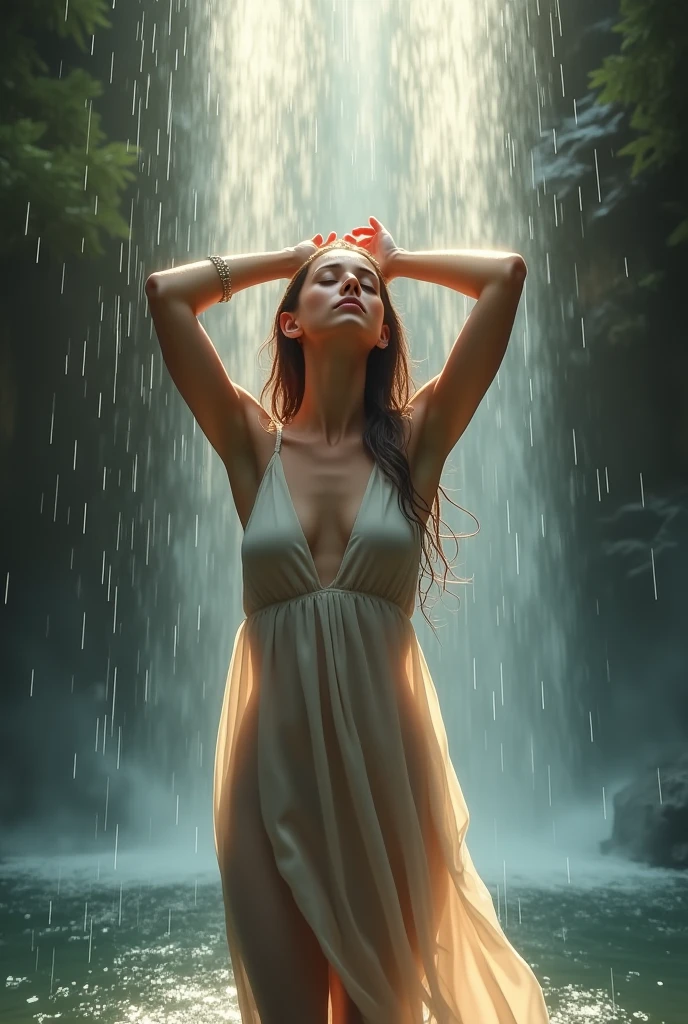 A woman standing under a waterfall, Close your eyes, arms raised above the head. sunlight refracts through falling water，A wet dress clinging to her curves. drawn in a soft semi-realistic style, with strong water effects, Translucent fabric, Ambient halo. ultra-fine sensory atmosphere, cinematic 4k scene.