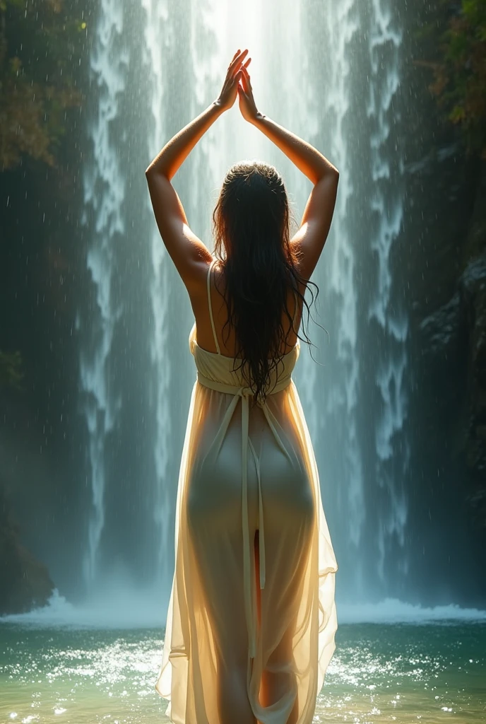 A woman standing under a waterfall, Close your eyes, arms raised above the head. sunlight refracts through falling water，A wet dress clinging to her curves. drawn in a soft semi-realistic style, with strong water effects, Translucent fabric, Ambient halo. ultra-fine sensory atmosphere, cinematic 4k scene.