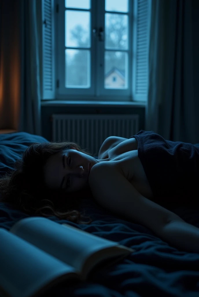 A dark-haired woman lies down on a messy dark sheet，Her long hair is scattered around like silk，Part of her hair covers her shoulders and back。Her face is facing the window，The expression is thoughtful。The blue light of the evening penetrates through the half-open shutters and，creates an emotional atmosphere of contemplation and loneliness。headboard A small warm yellow light and an open book。cinematic composition，using high contrast and deep hues，to create an emotional atmosphere of contemplation and loneliness。