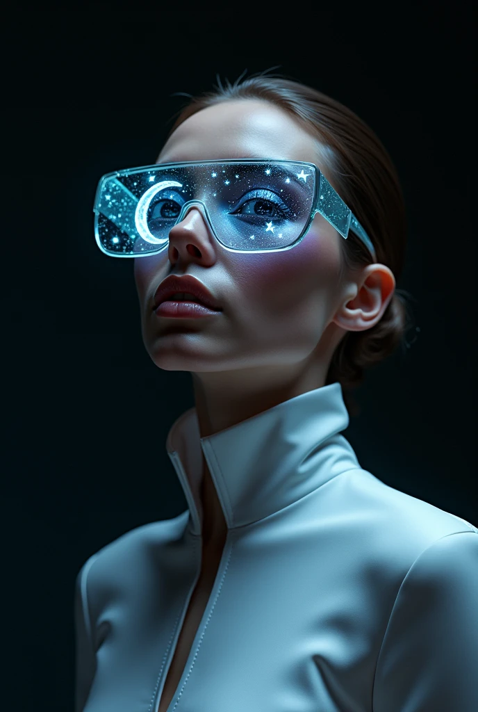 The model is wearing glass sunglasses，with stars and moon on the lenses