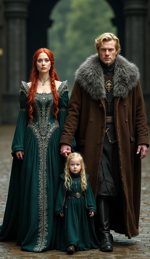 a handsome Kit Harington holding a beautiful and busty pregnant Sadie Sink with long blonde hair, smiling, medieval fantasy scene, north landscape, 