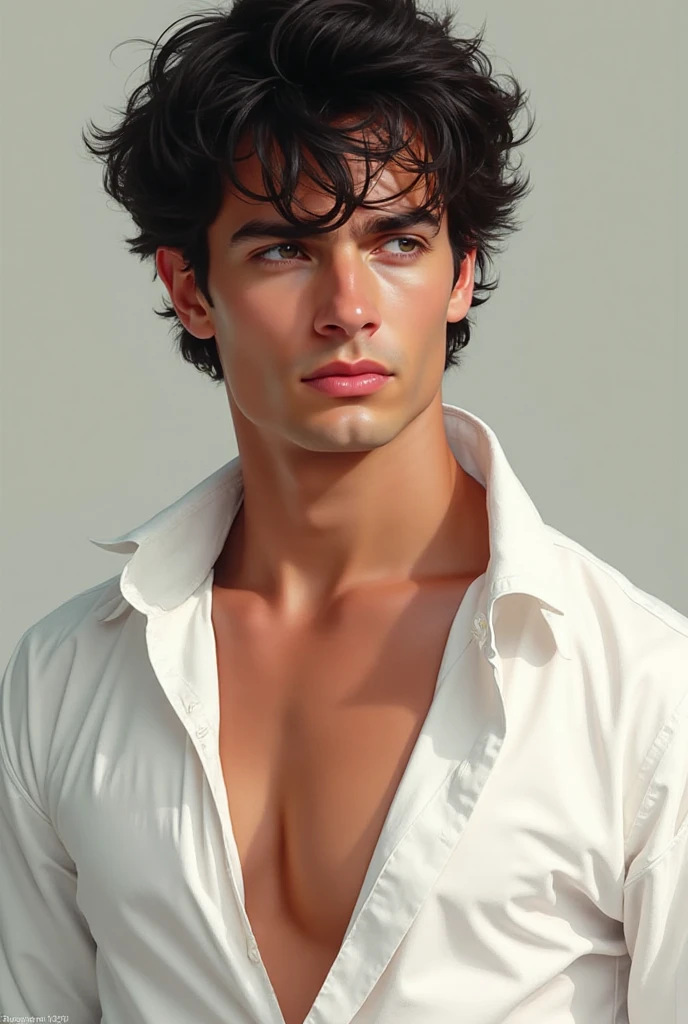 Mix male (black and white) with hazel eyes. Sharp jaw line with short curly hair  and cowboy. With a little bit of face hair