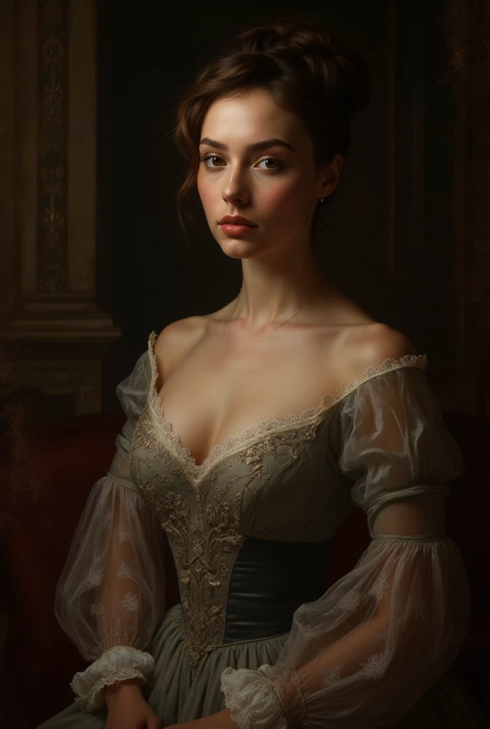 In a captivating exhibition of classical Italian art, a mature woman of stunning beauty, with a splendid figure and fair complexion, kneeling, She dresses in two pieces of transparent fabrics that reveal her voluptuous curves. Broken clothes covered by transparent cups , they reveal a deep cleavage, This exquisite portrait, similar to a Jan Saudek Style Photograph, shows the attractive features of women with grace and charm. The background in a warm colored bedroom interior , ochre and gray-blue. Detailed brushstrokes enhance the delicate textures of her attire and the softness of her skin, creating a fascinating, high-quality image, timeless and captivating. The combination of realistic textures with dreamlike elements creates a sense of mystery, transcendence and an invitation to travel into the unknown and create a visual masterpiece of great quality and captivating beauty, In a Bluish World of Dreams , and with many details, magical realism, Canon eos 5d mark 4 , lighting by Rembrandt. (dark realism 0,5 stat 1 int 1)