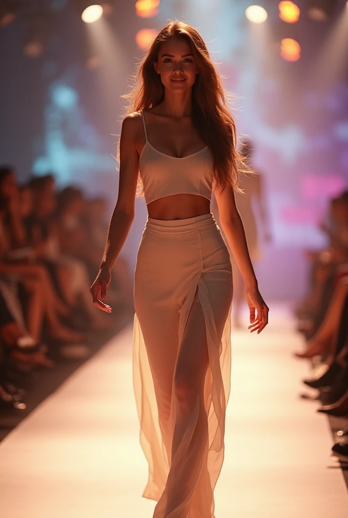 , 8k, best quality, highres, realistic, real person, A dynamic scene of a female model walking confidently down a runway, surrounded by a large audience under bright lights. The model is elegantly dressed in a high-fashion outfit, with the spotlight focused on her. She exudes confidence and grace as she strides forward. The audience is captivated, and the atmosphere is vibrant and glamorous, capturing the essence of a high-end fashion show. High-waisted pants, cropped sweater, lace-up heels, , cleavage, beautiful legs, long beautiful legs, beautiful waist, exposed belly button