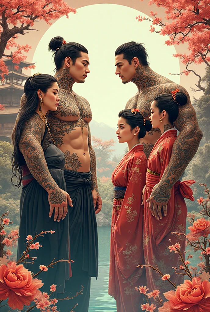 （（two!!!Mature and handsome brother））Japan！Drifters！kiss！hansome的男人！(Hand weapon katana 1.2)（（Model reference video game Miyamoto Musashi））perfect fingerinely sculpted eyes！Wear a  cover！perfect human body！strong calves！tattoo！Gray and black hair！goatee！look back！blue eyes！Don’t match colorovie poster！Award-winning works！whole body top and bottom！low angle shot！（（two!!!mature handsome man））embrace！kiss！kimono！ muscles  inadvertently！portrait！！！（（Brothers look very friendly！ ）），finely sculpted eyes！perfect fingers！（8K，masterpiece，best quality，High resolution，super detailed）The background  late night！full moon!Bustling street corner in Kyoto！，face view，Asian male stararefoot，beard，hansome，small head，Engraved details，strong and muscular，White，open，muscular body，majestic man，muscular and strong，Six-pack abs，Ernest Halimov body，perfect muscle structure，bodybuilder body texture