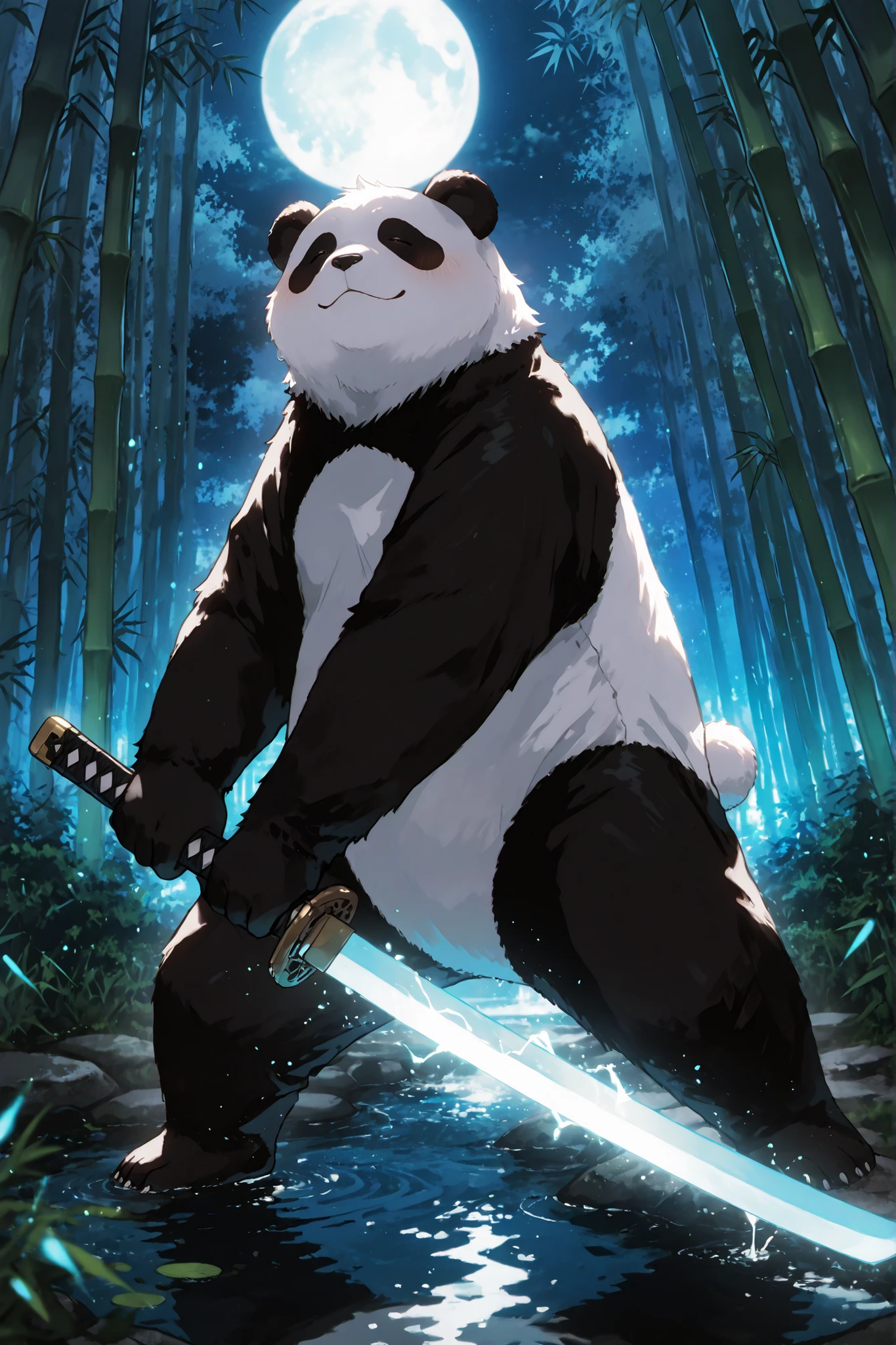 masterpiece,最High Quality,Super Detailed,high resolution,slender,High Quality、score_9、score_8_up、score_7_up、masterpiece、High Quality、Super Detailed、high resolution、High Quality、最High Quality、anime style、masterpiece、1 Girl（   Her face is partially visible、soft moonlight illuminates her skin。the fluffy black and white panda suit looks just like the real thing、detailed、cyberpunk style sword, glowing blue energy blade, wireframe design, neon light, futuristi) 、（（An attractive woman in a gugurumi panda stands in a bamboo grove on a fantastic full moon night）blue-green bamboo rises high around her、夜風に優Successfully揺れている。moonlight is leaking through the bamboo、it drops mysterious light and shadow patterns on the ground。The air is clear 々Successfully、the faint rustle of bamboo and the sound of insects at night。has an overall mystical and fantastic atmosphere、A mysterious scene that seems to be a fusion of Japanese tradition and modern cosplay culture。high resolution、sharp details、Soft Night Lights、Cinematic Composition、cutting a stream of water with a katana, expression of peace and tranquility, high quality, high resolution, dynamic pose, professional photography