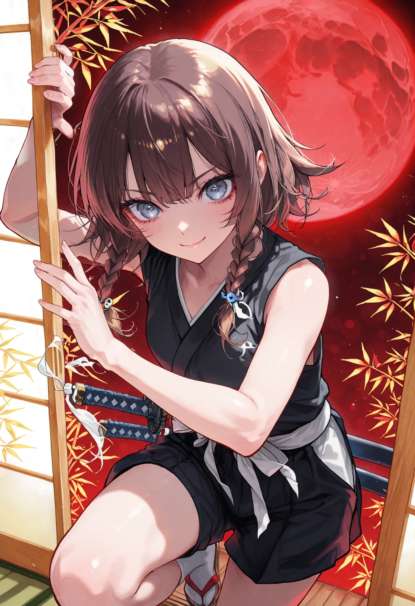 Graceful bamboo forest, Female Swordsman, Crescent Night , Short sword, Red and Black Outfit, Ninja, high resolution, Realistic, studio lighting with a serious face, Ultra Fine Depiction, PROFESSIONAL, Brilliant Colors彩, Bokeh味,meteor、空から降り注ぐmeteor、無数のmeteor群、brown hair,shortcuts,unkempt hair,Short braided hair,Neat,slender美人,correct attitude,small breasted,beautiful legs,The enchanting gray-blue eyes shine like stars,Saggy Eyes,Brilliant Colors,beautiful eyes,A delicate smile,Textured Skin,Highest Quality,優しくてbeautiful woman taking off plastic,anime style、dark night with mold, Red Moon, Red Moon with energy flow, energy trend , bad feeling , Scenery, The flow of energy across the city,, 4K, Chiaroscuro, Ultra High Definition、high resolution,realistic,4K,Extreme Details,Super Detailed Description,PROFESSIONAL,real color,Bokeh,Sliding Door,Shoji screen,Japanese-style room、Master of the Naginata,Get your hands on a large Japanese sword,bamboo ,neat, slender, beautiful woman taking off plastic,brown hair,shortcuts,disheveled hair,short braided hair,correct attitude,Interior Japanese Style Background,Sliding Door,Soft Writing,delicate texture,anime style