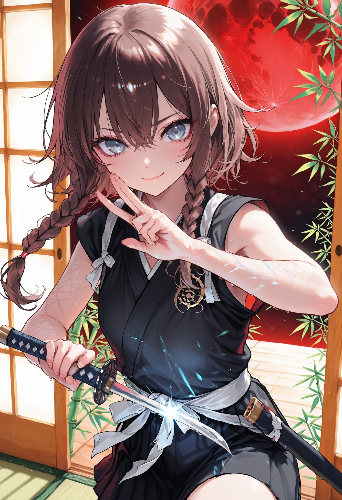 Graceful bamboo forest, Female Swordsman, Crescent Night , Short sword, Red and Black Outfit, Ninja, high resolution, Realistic, studio lighting with a serious face, Ultra Fine Depiction, PROFESSIONAL, Brilliant Colors彩, Bokeh味,meteor、空から降り注ぐmeteor、無数のmeteor群、brown hair,shortcuts,unkempt hair,Short braided hair,Neat,slender美人,correct attitude,small breasted,beautiful legs,The enchanting gray-blue eyes shine like stars,Saggy Eyes,Brilliant Colors,beautiful eyes,A delicate smile,Textured Skin,Highest Quality,優しくてbeautiful woman taking off plastic,anime style、dark night with mold, Red Moon, Red Moon with energy flow, energy trend , bad feeling , Scenery, The flow of energy across the city,, 4K, Chiaroscuro, Ultra High Definition、high resolution,realistic,4K,Extreme Details,Super Detailed Description,PROFESSIONAL,real color,Bokeh,Sliding Door,Shoji screen,Japanese-style room、Master of the Naginata,Get your hands on a large Japanese sword,bamboo ,neat, slender, beautiful woman taking off plastic,brown hair,shortcuts,disheveled hair,short braided hair,correct attitude,Interior Japanese Style Background,Sliding Door,Soft Writing,delicate texture,anime style