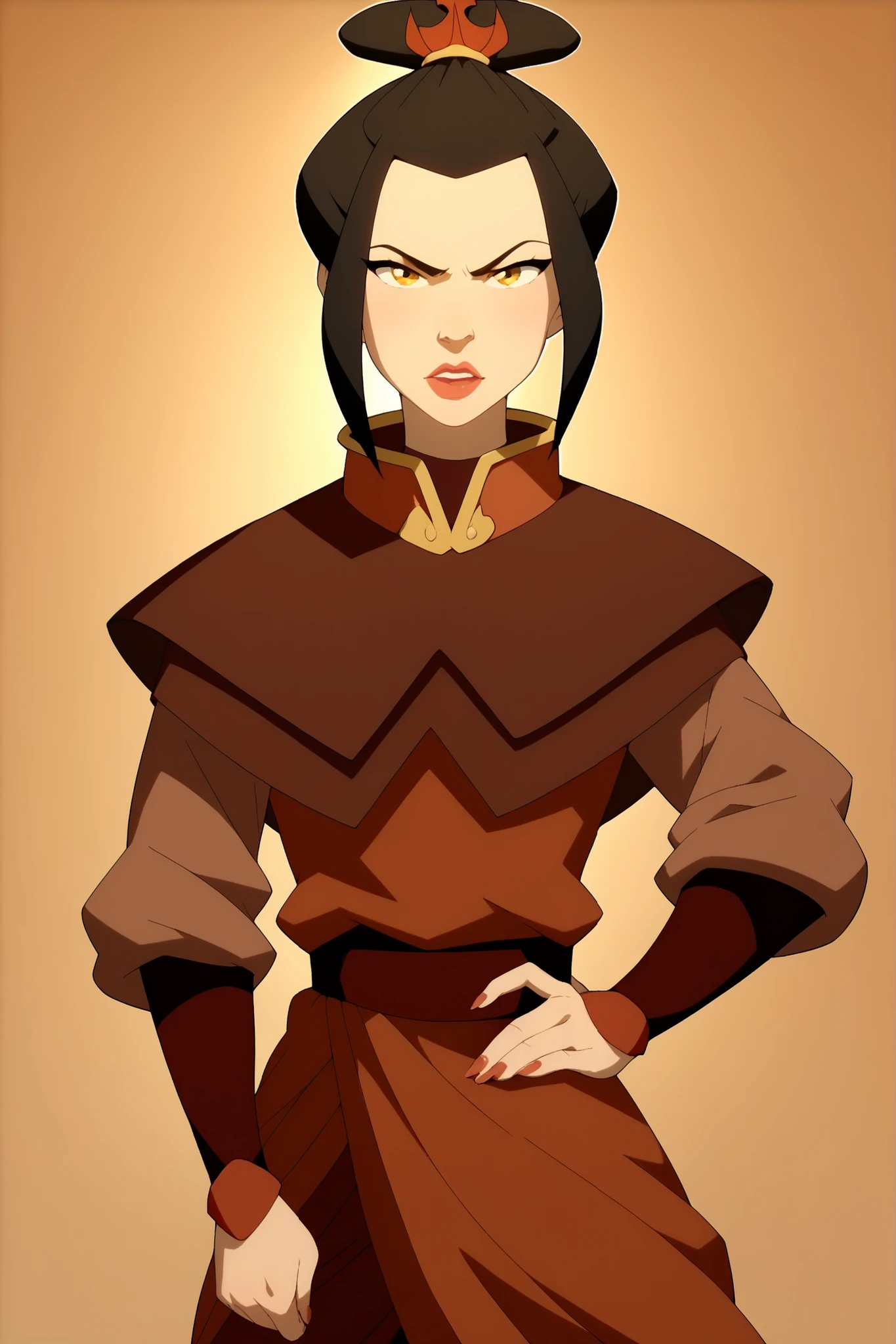 Azula from Avatar would be , golden eyes,with one hand around the waist , arrogant pose, pretty girl.
