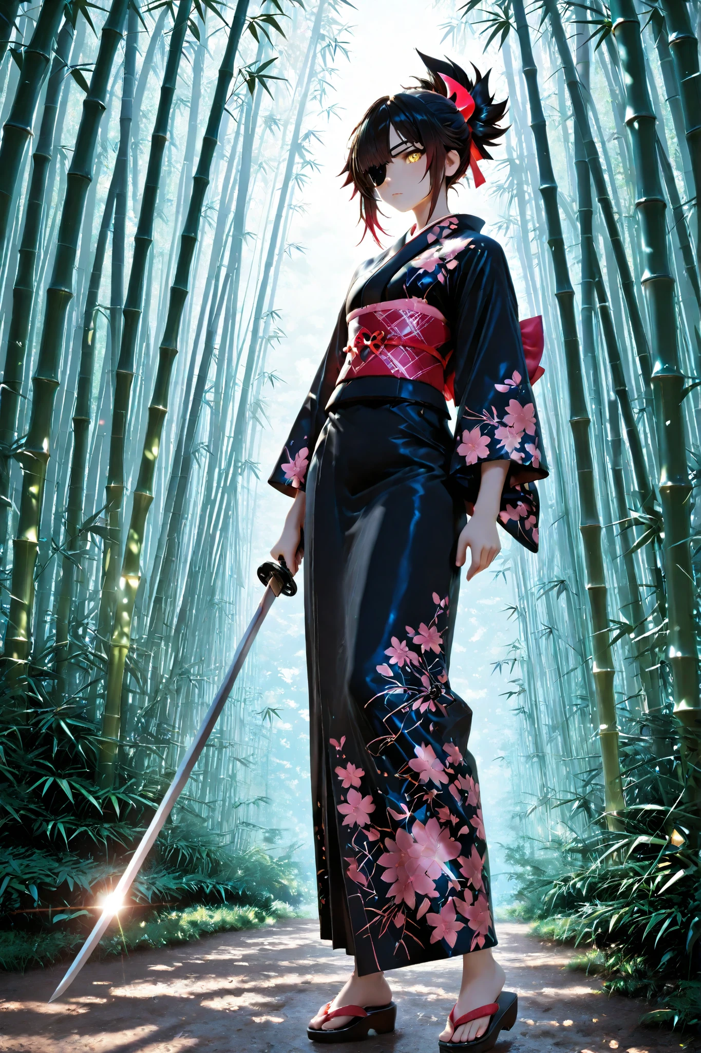 swordsman girl hiding with a bamboo sword , kimono、Eye patch、、beautiful golden eyes 、detailed eyes 、knives、cute faces getting creampied, watercolor, , anime style4K,  
 、bright color、 Strong Brushwork  、High Contrast 、standing picture in meadow 、、Lens flare、
Highest Quality, HD model, Ultra High Accuracy, 3D Rendering, ultra sharp、
,,BREAK, 16K resolution,masterpiece,Super Detailed,Ultra HD,ultra quality,anime style , detailed eyes  ,detailed face, ,HDR , light/dark method,under your feet as bright as possible, detailed background、bamboo forest、