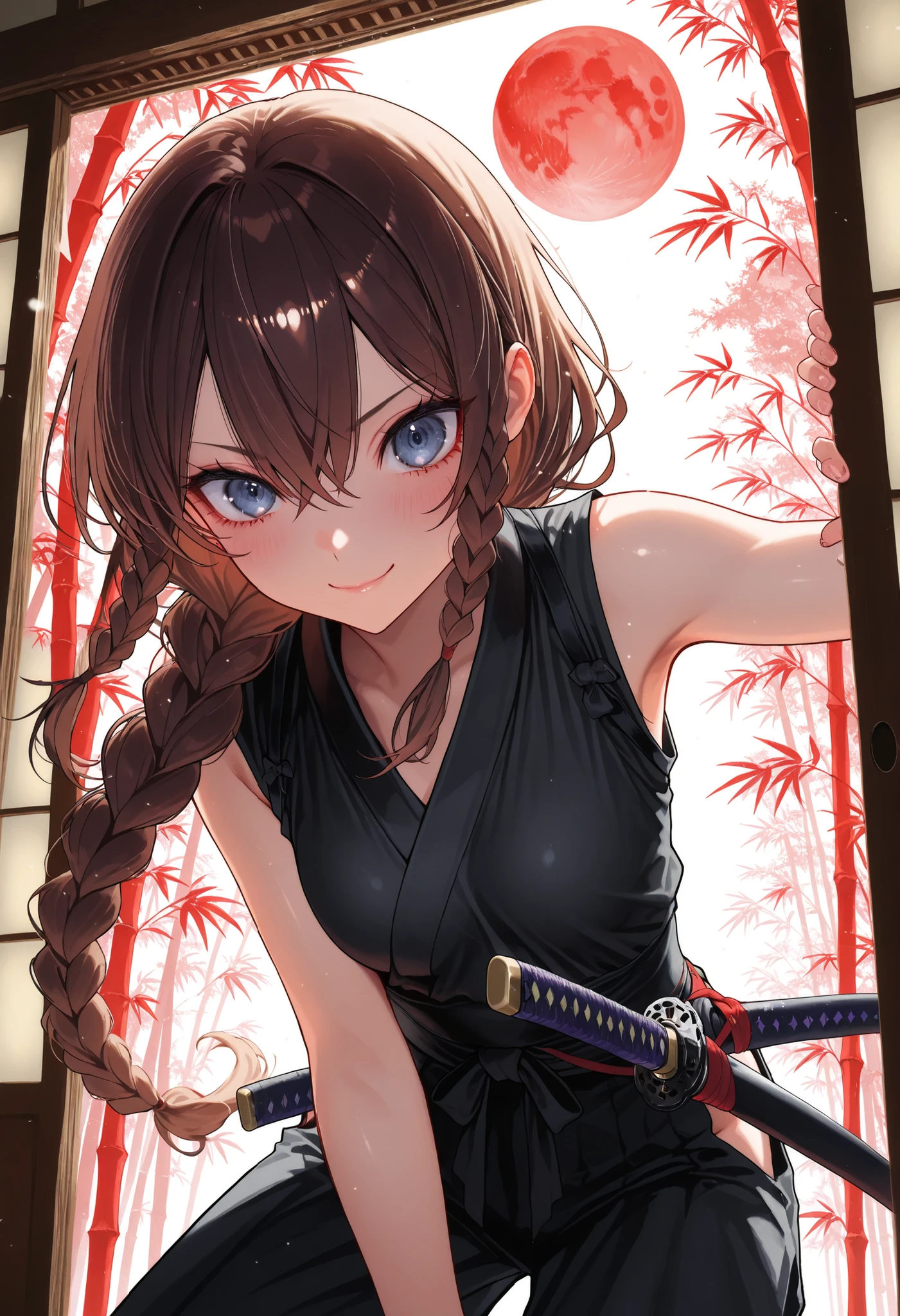 Graceful bamboo forest, Female Swordsman, Crescent Night , Short sword, Red and Black Outfit, Ninja, high resolution, Realistic, studio lighting with a serious face, Ultra Fine Depiction, PROFESSIONAL, Brilliant Colors彩, Bokeh味,meteor、空から降り注ぐmeteor、無数のmeteor群、brown hair,shortcuts,unkempt hair,Short braided hair,Neat,slender美人,correct attitude,small breasted,beautiful legs,The enchanting gray-blue eyes shine like stars,Saggy Eyes,Brilliant Colors,beautiful eyes,A delicate smile,Textured Skin,Highest Quality,優しくてbeautiful woman taking off plastic,anime style、dark night with mold, Red Moon, Red Moon with energy flow, energy trend , bad feeling , Scenery, The flow of energy across the city,, 4K, Chiaroscuro, Ultra High Definition、high resolution,realistic,4K,Extreme Details,Super Detailed Description,PROFESSIONAL,real color,Bokeh,Sliding Door,Shoji screen,Japanese-style room、Master of the Naginata,Get your hands on a large Japanese sword,bamboo ,neat, slender, beautiful woman taking off plastic,brown hair,shortcuts,disheveled hair,short braided hair,correct attitude,Interior Japanese Style Background,Sliding Door,Soft Writing,delicate texture,anime style