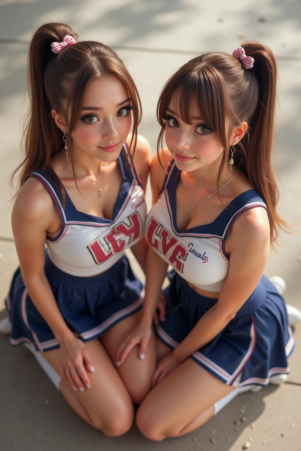 microSkirt,(2 girls symmetrical pose:1.3),town  , huge_add,,smile,Skirt,Skirtlift,looking at the viewer,from behind ,cheerleaders ,alley,earrings ,blunt bangs,
