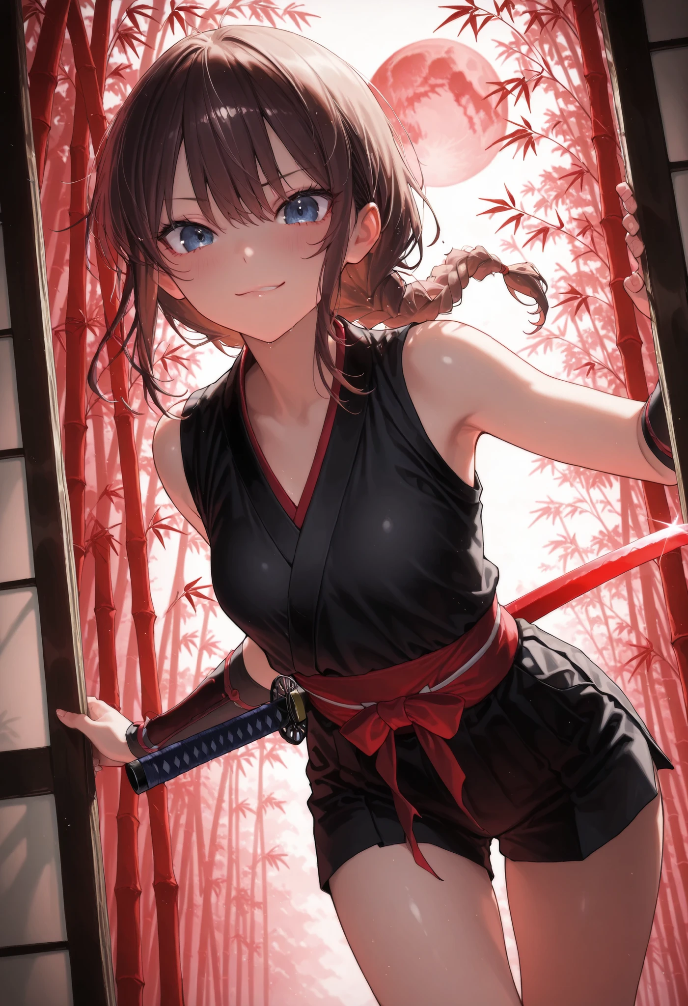 ((night))，bamboo forest, Female Swordsman, 三日月のnight, Short sword, Red and Black Outfit, Ninja, high resolution, Realistic, studio lighting with a serious face, Ultra Fine Depiction, PROFESSIONAL, Brilliant Colors彩, Bokeh味，meteor、空から降り注ぐmeteor、無数のmeteor群、brown hair，shortcuts，unkempt hair，Short braided hair，Neat，slender美人，correct attitude，small breasted，beautiful legs，The enchanting gray-blue eyes shine like stars，Saggy Eyes，Brilliant Colors,beautiful eyes,A delicate smile,Textured Skin,Highest Quality,優しくてbeautiful woman taking off plastic,anime style､暗いnight, Red Moon, Red Moon with energy flow,  energy trend , bad feeling , Scenery, The flow of energy across the city,, 4K, Chiaroscuro, Ultra High Definition、high resolution,realistic,4K,Extreme Details,Super Detailed Description,PROFESSIONAL,real color,Bokeh,Sliding Door，Shoji screen，Japanese-style room、Master of the Naginata,Get your hands on a large Japanese sword,bamboo ，neat, slender, beautiful woman taking off plastic,brown hair,shortcuts,disheveled hair,short braided hair,correct attitude,Interior Japanese Style Background,Sliding Door，Soft Writing,delicate texture,anime style