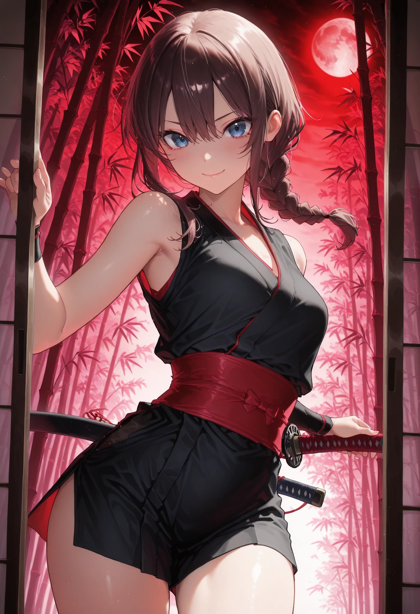 ((night))，bamboo forest, Female Swordsman, 三日月のnight, Short sword, Red and Black Outfit, Ninja, high resolution, Realistic, studio lighting with a serious face, Ultra Fine Depiction, PROFESSIONAL, Brilliant Colors彩, Bokeh味，meteor、空から降り注ぐmeteor、無数のmeteor群、brown hair，shortcuts，unkempt hair，Short braided hair，Neat，slender美人，correct attitude，small breasted，beautiful legs，The enchanting gray-blue eyes shine like stars，Saggy Eyes，Brilliant Colors,beautiful eyes,A delicate smile,Textured Skin,Highest Quality,優しくてbeautiful woman taking off plastic,anime style､暗いnight, Red Moon, Red Moon with energy flow,  energy trend , bad feeling , Scenery, The flow of energy across the city,, 4K, Chiaroscuro, Ultra High Definition、high resolution,realistic,4K,Extreme Details,Super Detailed Description,PROFESSIONAL,real color,Bokeh,Sliding Door，Shoji screen，Japanese-style room、Master of the Naginata,Get your hands on a large Japanese sword,bamboo ，neat, slender, beautiful woman taking off plastic,brown hair,shortcuts,disheveled hair,short braided hair,correct attitude,Interior Japanese Style Background,Sliding Door，Soft Writing,delicate texture,anime style