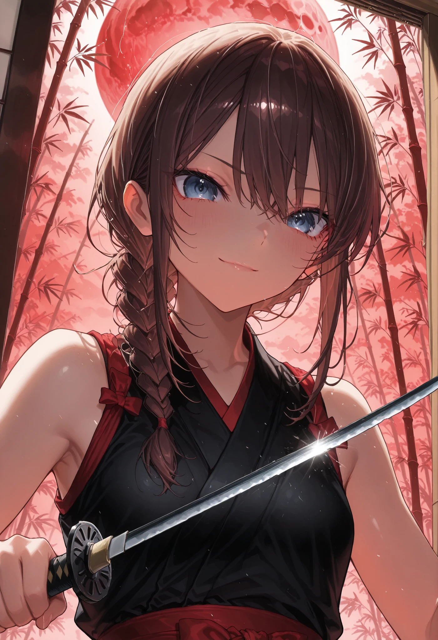 ((night)),bamboo forest, Female Swordsman, 三日月のnight, Short sword, Red and Black Outfit, Ninja, high resolution, Realistic, studio lighting with a serious face, Ultra Fine Depiction, PROFESSIONAL, Brilliant Colors彩, Bokeh味,meteor、空から降り注ぐmeteor、無数のmeteor群、brown hair,shortcuts,unkempt hair,Short braided hair,Neat,slender美人,correct attitude,small breasted,beautiful legs,The enchanting gray-blue eyes shine like stars,Saggy Eyes,Brilliant Colors,beautiful eyes,A delicate smile,Textured Skin,Highest Quality,優しくてbeautiful woman taking off plastic,anime style、暗いnight, Red Moon, Red Moon with energy flow, energy trend , bad feeling , Scenery, The flow of energy across the city,, 4K, Chiaroscuro, Ultra High Definition、high resolution,realistic,4K,Extreme Details,Super Detailed Description,PROFESSIONAL,real color,Bokeh,Sliding Door,Shoji screen,Japanese-style room、Master of the Naginata,Get your hands on a large Japanese sword,bamboo ,neat, slender, beautiful woman taking off plastic,brown hair,shortcuts,disheveled hair,short braided hair,correct attitude,Interior Japanese Style Background,Sliding Door,Soft Writing,delicate texture,anime style