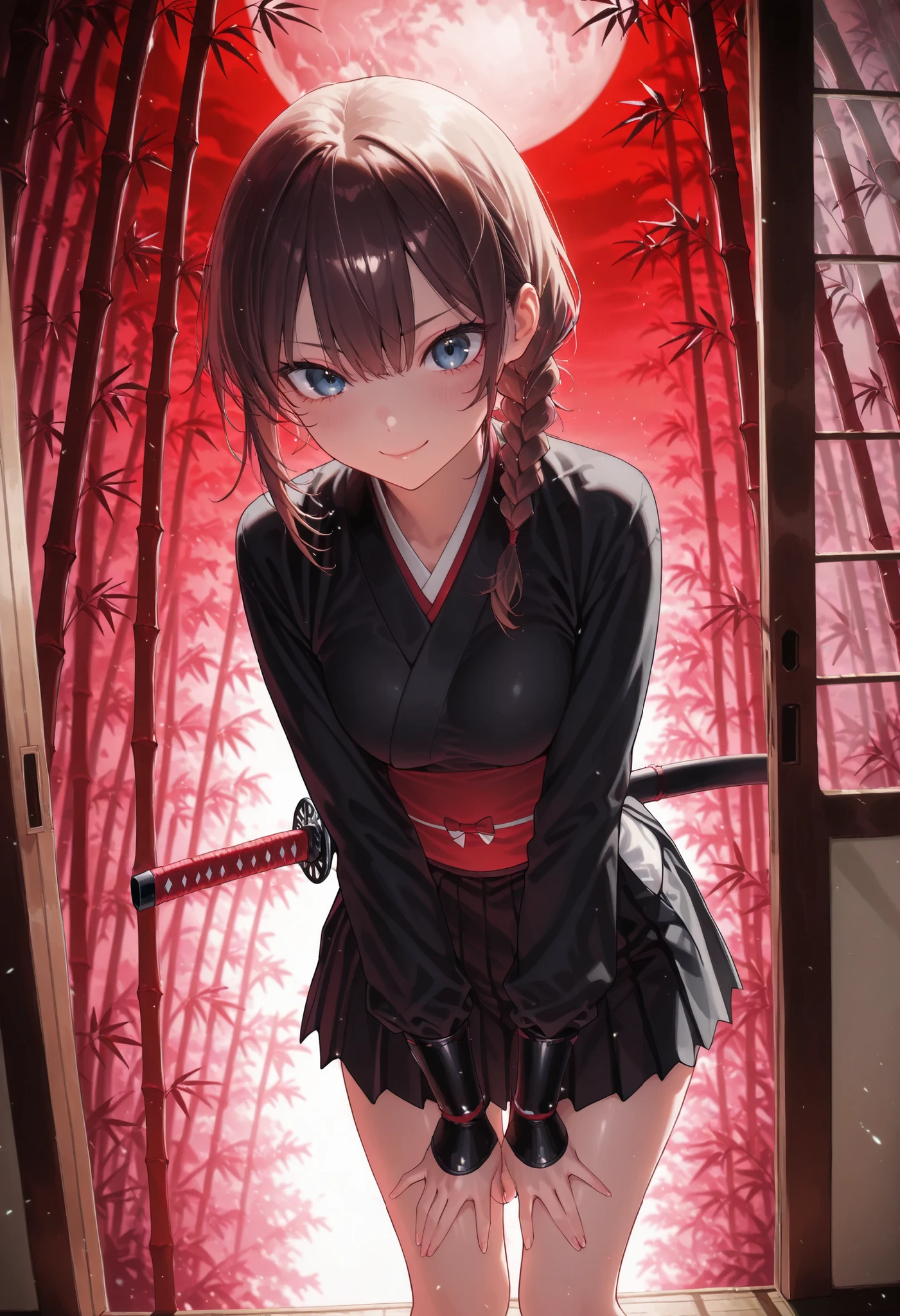 ((night)),bamboo forest, Female Swordsman, 三日月のnight, Short sword, Red and Black Outfit, Ninja, high resolution, Realistic, studio lighting with a serious face, Ultra Fine Depiction, PROFESSIONAL, Brilliant Colors彩, Bokeh味,meteor、空から降り注ぐmeteor、無数のmeteor群、brown hair,shortcuts,unkempt hair,Short braided hair,Neat,slender美人,correct attitude,small breasted,beautiful legs,The enchanting gray-blue eyes shine like stars,Saggy Eyes,Brilliant Colors,beautiful eyes,A delicate smile,Textured Skin,Highest Quality,優しくてbeautiful woman taking off plastic,anime style、暗いnight, Red Moon, Red Moon with energy flow, energy trend , bad feeling , Scenery, The flow of energy across the city,, 4K, Chiaroscuro, Ultra High Definition、high resolution,realistic,4K,Extreme Details,Super Detailed Description,PROFESSIONAL,real color,Bokeh,Sliding Door,Shoji screen,Japanese-style room、Master of the Naginata,Get your hands on a large Japanese sword,bamboo ,neat, slender, beautiful woman taking off plastic,brown hair,shortcuts,disheveled hair,short braided hair,correct attitude,Interior Japanese Style Background,Sliding Door,Soft Writing,delicate texture,anime style