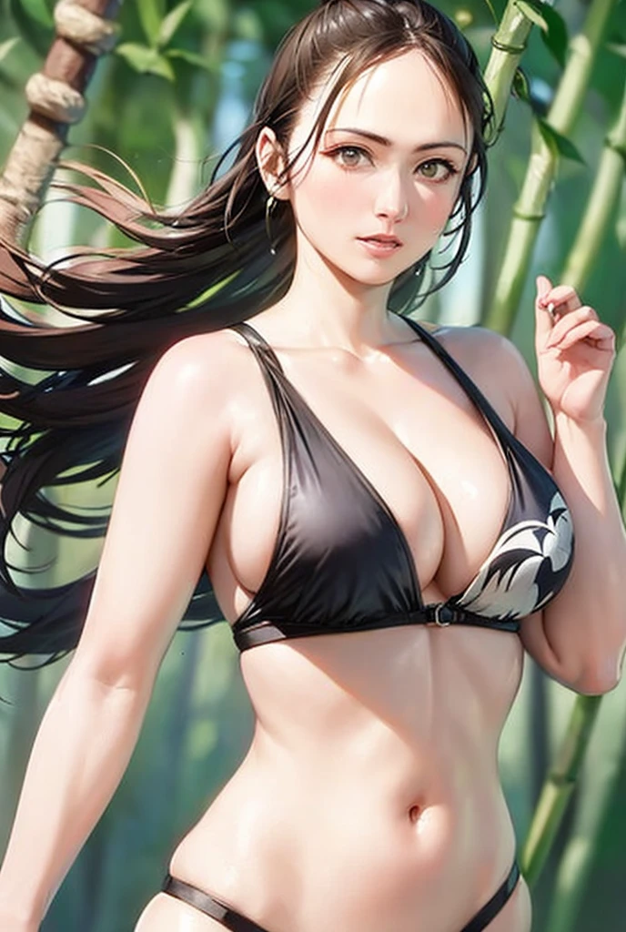 amazing woman, black hair, dark eyes, superbly tanned body, full lips, posing in front of a broken stone wall, vines on the wall, (((wears a mini bikini))), bright and sunny day . award-winning, professional, very detailed