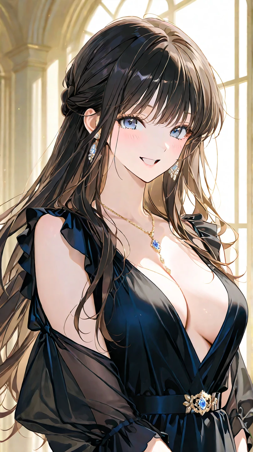 Chiara Ambrosio Italian girl, age 25, busty, long brown hair, smiling face, elegant red dress