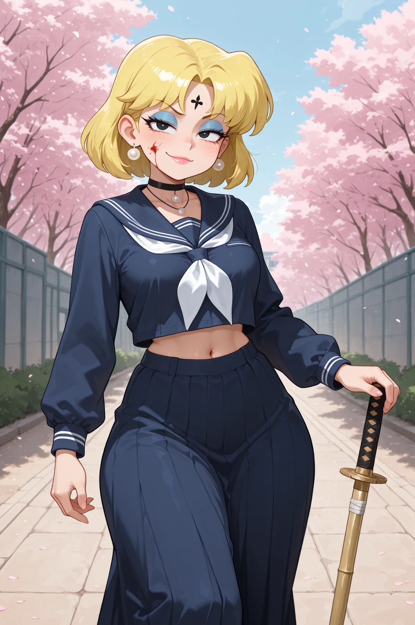 Lori Loud .  , huge  , blonde hair , black eyes , blue eyeshadow , pink lips, pearl earrings , white earrings . choker . | bamboo sword, defense pose, fencing,handed bamboo sword, Macedonian style. solo. 1 gril. masterpiece, best quality, absurdres, blood on face, forehead tattoo, choker, necklace, 1girl, cute, smug, closed mouth, serafuku, school, outdoors, cherry blossoms, delinquent, long skirt, dark blue uniform, midriff peeek, navel, 
