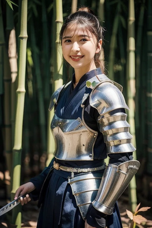 Chinese female general Hua Mulan，reddish brown leather armor，Silver scale metal shoulder pads，Silver metal breastplate，battlefield background，hand weapon，majestic，Smile（open mouth）（The corners of the mouth are raised），Leather tunic，Knee pads，silver helmets，sunshine on face，，Bundle hair（silver metal headband），Hair bun raised high。Wild forest background