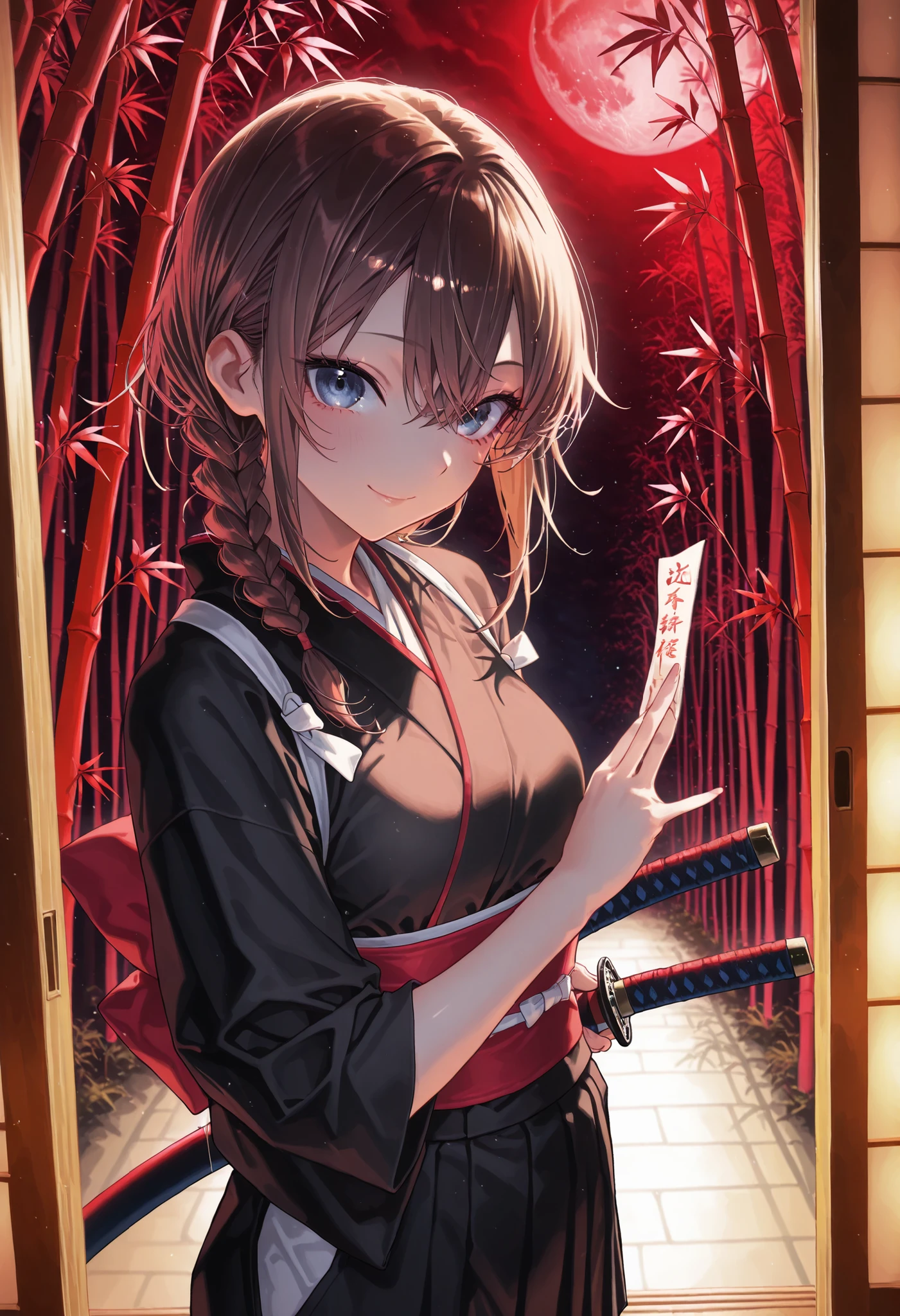 ((night)),bamboo forest, Female Swordsman, 三日月のnight, Short sword, Red and Black Outfit, Ninja, high resolution, The enchanting gray-blue eyes shine like stars,Realistic, studio lighting with a serious face, Ultra Fine Depiction, PROFESSIONAL, Brilliant Colors彩, Bokeh味,meteor、空から降り注ぐmeteor、無数のmeteor群、brown hair,shortcuts,unkempt hair,Short braided hair,Neat,slender美人,correct attitude,small breasted,beautiful legs,The enchanting gray-blue eyes shine like stars,Saggy Eyes,Brilliant Colors,beautiful eyes,A delicate smile,Textured Skin,Highest Quality,優しくてbeautiful woman taking off plastic,anime style、暗いnight, Red Moon, Red Moon with energy flow, energy trend , bad feeling , Scenery, The flow of energy across the city,, 4K, Chiaroscuro, Ultra High Definition、high resolution,realistic,4K,Extreme Details,Super Detailed Description,PROFESSIONAL,real color,Bokeh,Sliding Door,Shoji screen,Japanese-style room、Master of the Naginata,Get your hands on a large Japanese sword,bamboo ,neat, slender, beautiful woman taking off plastic,brown hair,shortcuts,disheveled hair,short braided hair,correct attitude,Interior Japanese Style Background,Sliding Door,Soft Writing,delicate texture,anime style