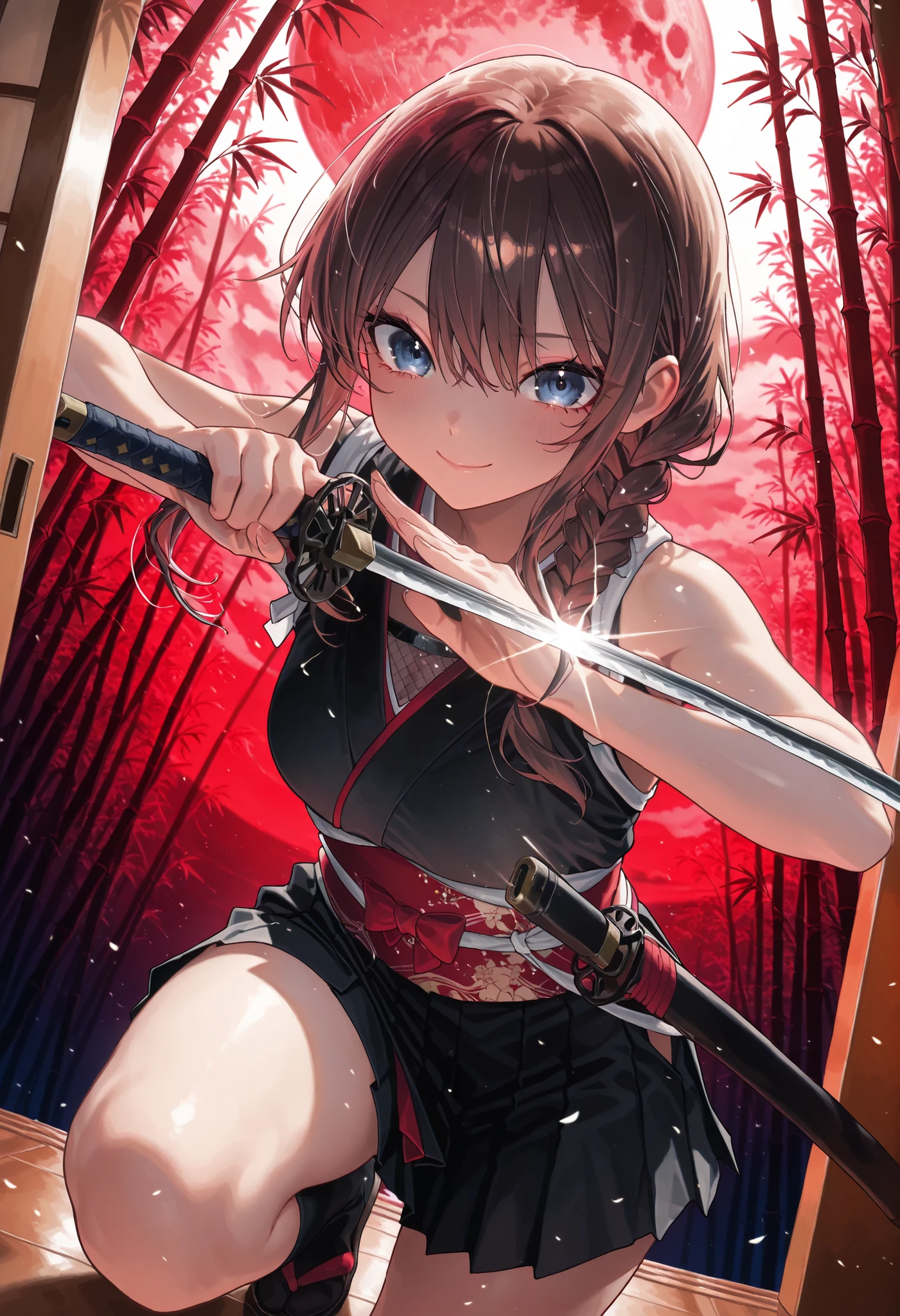 ((night))，bamboo forest, Female Swordsman, 三日月のnight, Short sword, Red and Black Outfit, Ninja, high resolution, The enchanting gray-blue eyes shine like stars，holding a sword，Realistic, studio lighting with a serious face, Ultra Fine Depiction, PROFESSIONAL, Brilliant Colors彩, Bokeh味，meteor、空から降り注ぐmeteor、無数のmeteor群、brown hair，shortcuts，unkempt hair，Short braided hair，Neat，slender美人，correct attitude，small breasted，beautiful legs，The enchanting gray-blue eyes shine like stars，Saggy Eyes，Brilliant Colors,beautiful eyes,A delicate smile,Textured Skin,Highest Quality,優しくてbeautiful woman taking off plastic,anime style､暗いnight, Red Moon, Red Moon with energy flow,  energy trend , bad feeling , Scenery, The flow of energy across the city,, 4K, Chiaroscuro, Ultra High Definition、high resolution,realistic,4K,Extreme Details,Super Detailed Description,PROFESSIONAL,real color,Bokeh,Sliding Door，Shoji screen，Japanese-style room、Master of the Naginata,Get your hands on a large Japanese sword,bamboo ，neat, slender, beautiful woman taking off plastic,brown hair,shortcuts,disheveled hair,short braided hair,correct attitude,Interior Japanese Style Background,Sliding Door，Soft Writing,delicate texture,anime style