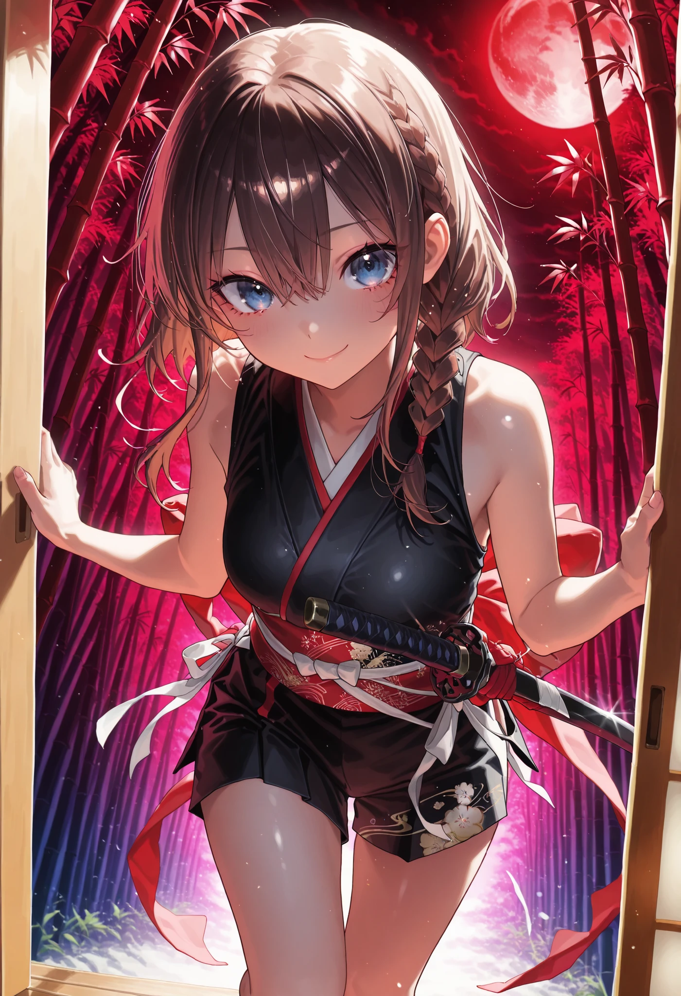 ((night)),bamboo forest, Female Swordsman, 三日月のnight, Short sword, Red and Black Outfit, Ninja, high resolution, The enchanting gray-blue eyes shine like stars,holding a sword,Realistic, studio lighting with a serious face, Ultra Fine Depiction, PROFESSIONAL, Brilliant Colors彩, Bokeh味,meteor、空から降り注ぐmeteor、無数のmeteor群、brown hair,shortcuts,unkempt hair,Short braided hair,Neat,slender美人,correct attitude,small breasted,beautiful legs,The enchanting gray-blue eyes shine like stars,Saggy Eyes,Brilliant Colors,beautiful eyes,A delicate smile,Textured Skin,Highest Quality,優しくてbeautiful woman taking off plastic,anime style、暗いnight, Red Moon, Red Moon with energy flow, energy trend , bad feeling , Scenery, The flow of energy across the city,, 4K, Chiaroscuro, Ultra High Definition、high resolution,realistic,4K,Extreme Details,Super Detailed Description,PROFESSIONAL,real color,Bokeh,Sliding Door,Shoji screen,Japanese-style room、Master of the Naginata,Get your hands on a large Japanese sword,bamboo ,neat, slender, beautiful woman taking off plastic,brown hair,shortcuts,disheveled hair,short braided hair,correct attitude,Interior Japanese Style Background,Sliding Door,Soft Writing,delicate texture,anime style