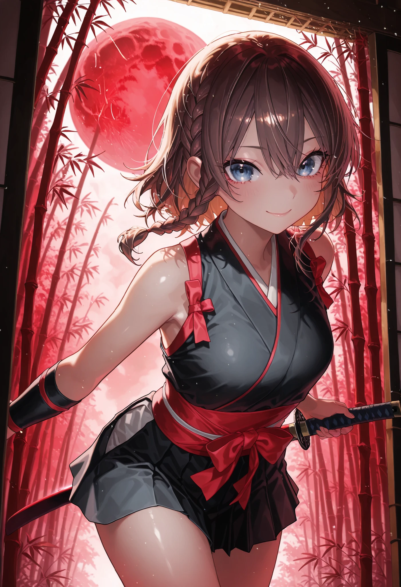 ((night)),bamboo forest, Female Swordsman, 三日月のnight, Short sword, Red and Black Outfit, Ninja, high resolution, The enchanting gray-blue eyes shine like stars,holding a sword,Realistic, studio lighting with a serious face, Ultra Fine Depiction, PROFESSIONAL, Brilliant Colors彩, Bokeh味,meteor、空から降り注ぐmeteor、無数のmeteor群、brown hair,shortcuts,unkempt hair,Short braided hair,Neat,slender美人,correct attitude,small breasted,beautiful legs,The enchanting gray-blue eyes shine like stars,Saggy Eyes,Brilliant Colors,beautiful eyes,A delicate smile,Textured Skin,Highest Quality,優しくてbeautiful woman taking off plastic,anime style、暗いnight, Red Moon, Red Moon with energy flow, energy trend , bad feeling , Scenery, The flow of energy across the city,, 4K, Chiaroscuro, Ultra High Definition、high resolution,realistic,4K,Extreme Details,Super Detailed Description,PROFESSIONAL,real color,Bokeh,Sliding Door,Shoji screen,Japanese-style room、Master of the Naginata,Get your hands on a large Japanese sword,bamboo ,neat, slender, beautiful woman taking off plastic,brown hair,shortcuts,disheveled hair,short braided hair,correct attitude,Interior Japanese Style Background,Sliding Door,Soft Writing,delicate texture,anime style